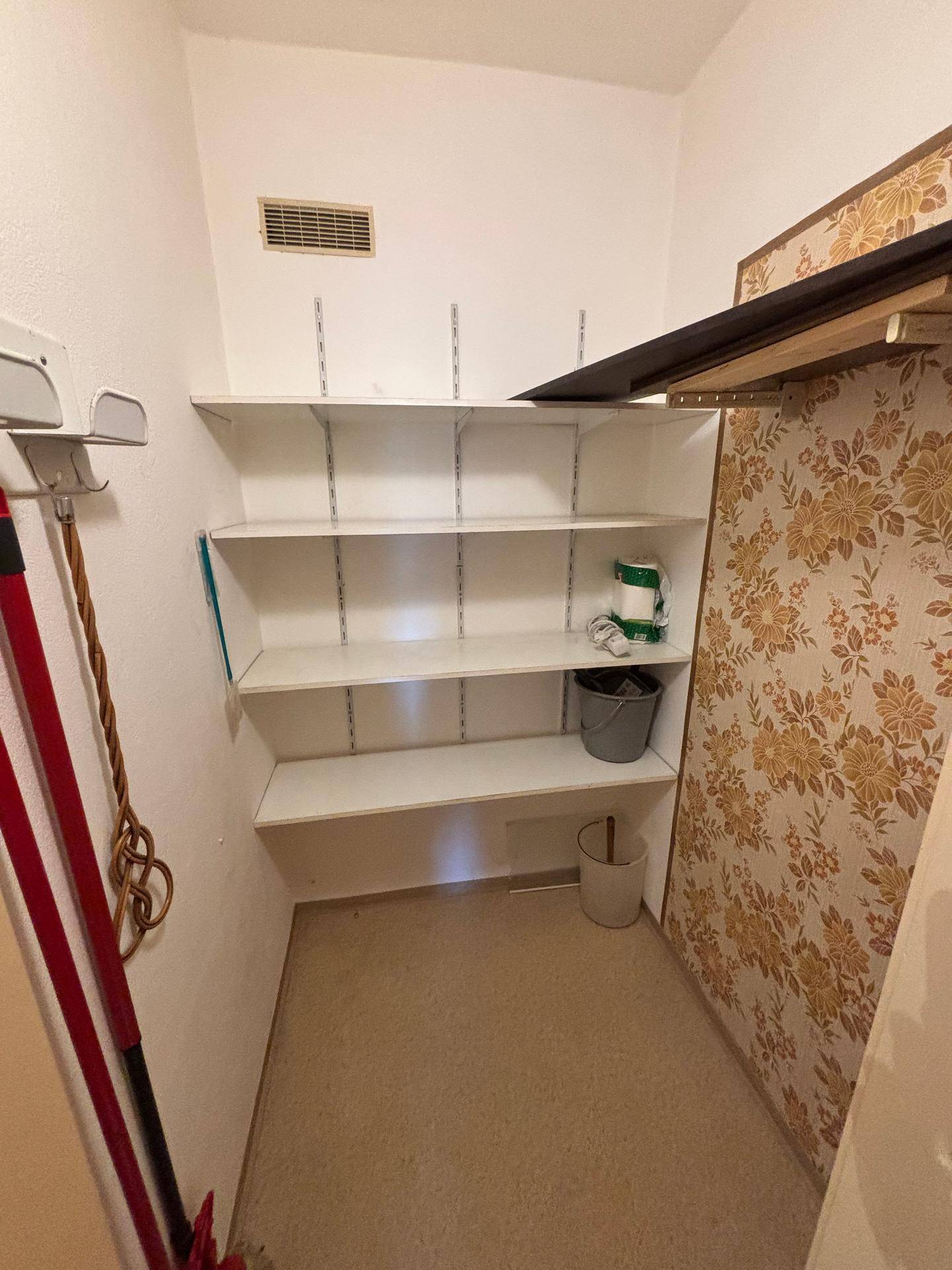 Praktischer Abstellraum mit Regalen für zusätzlichen Stauraum und floraler Tapete.