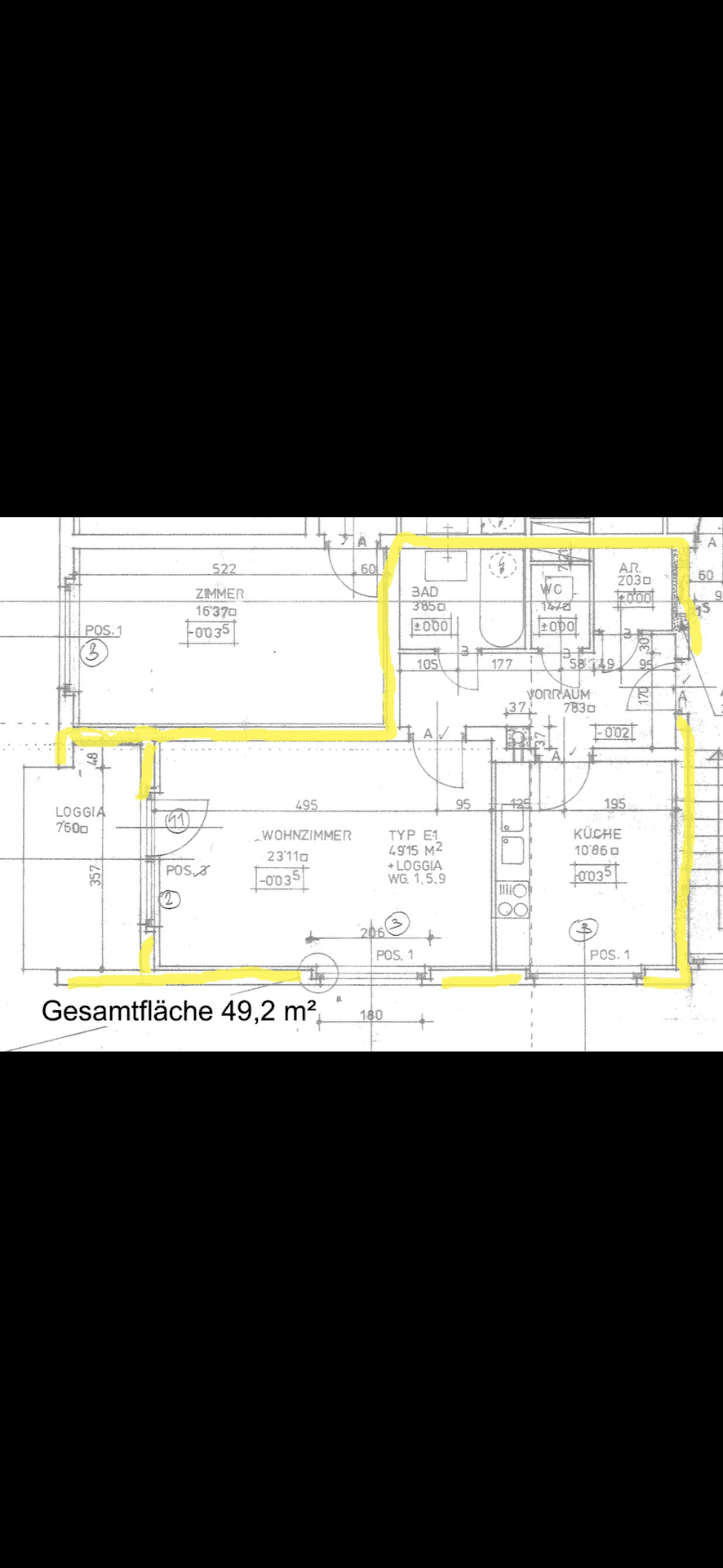 Grundriss der Wohnung mit hervorgehobenen Bereichen und Raumaufteilung.