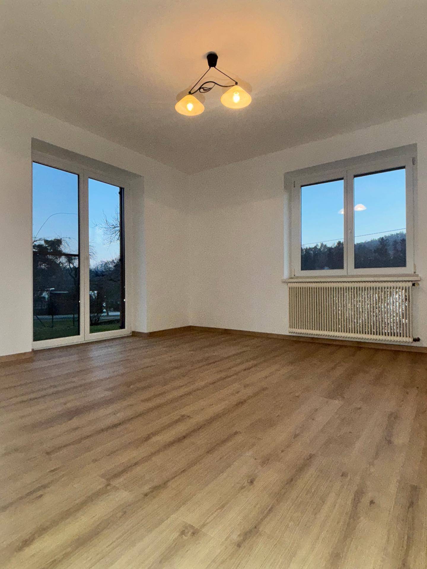 Heller Raum mit Laminatboden, zwei Fenstern und Blick ins Grüne.