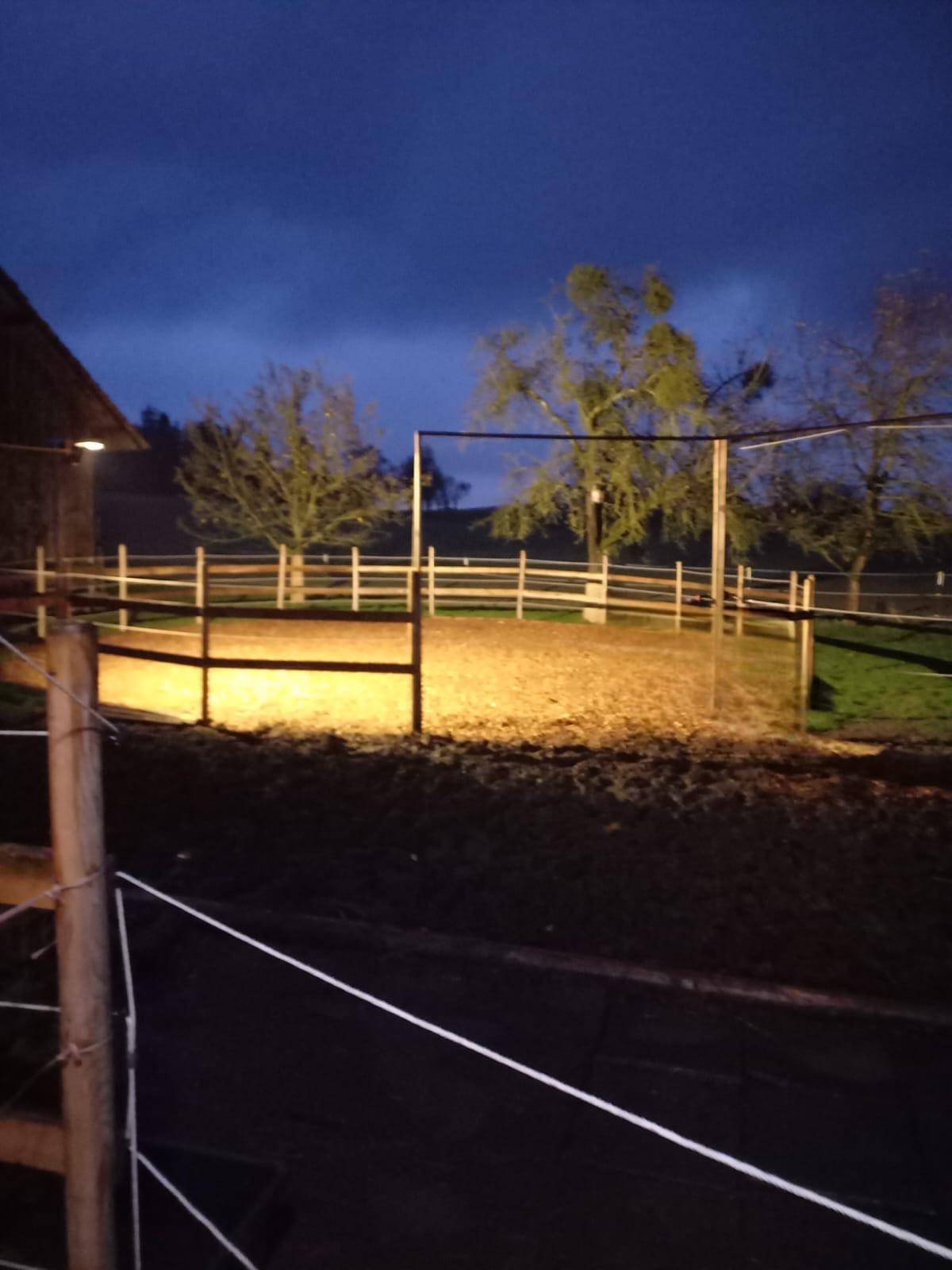 Beleuchteter Reitplatz mit Sandboden und Holzzaun in der Dämmerung.