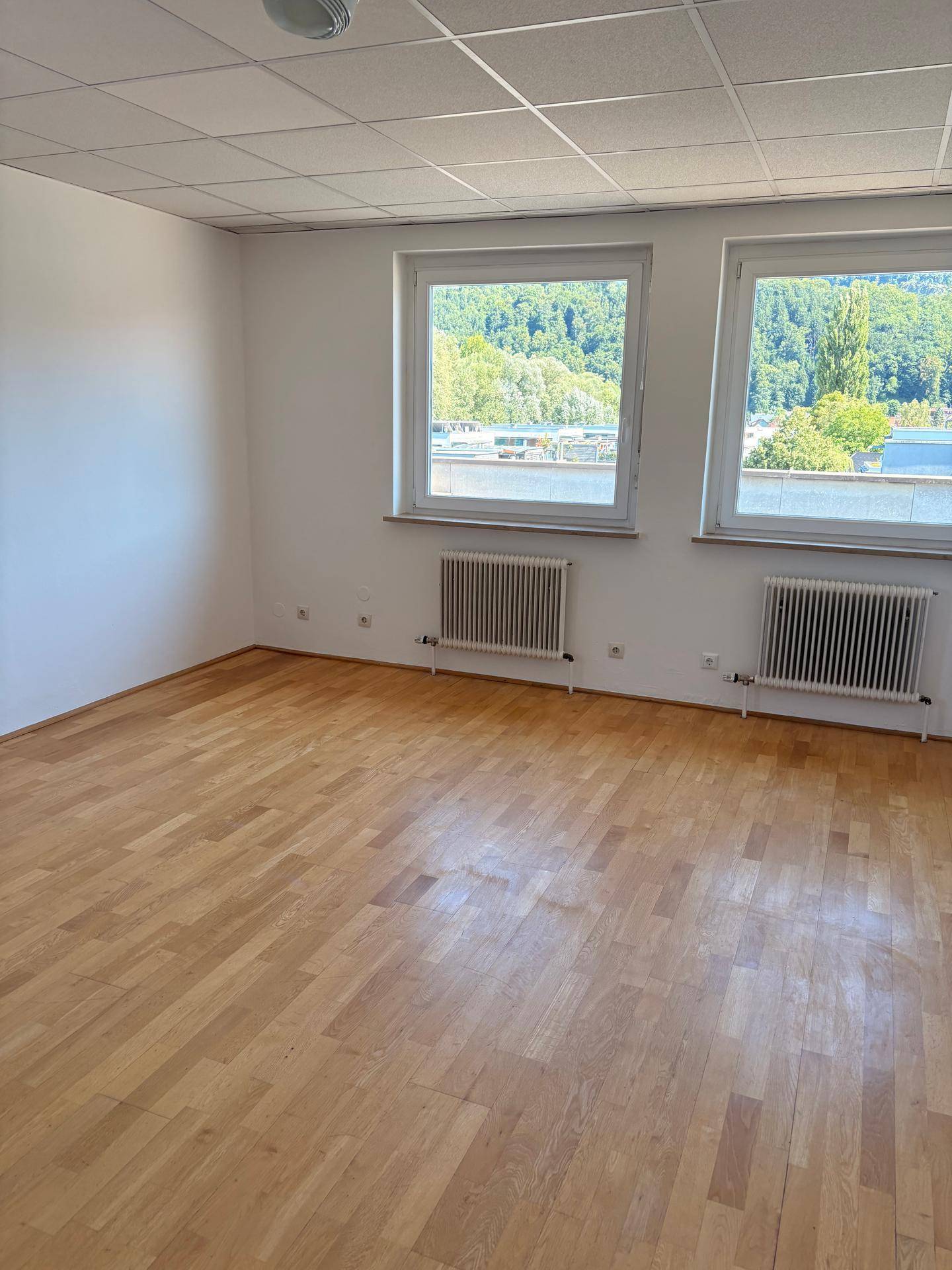 Heller, leerer Raum mit Holzboden, weißen Wänden und zwei großen Fenstern mit Blick ins Grüne.