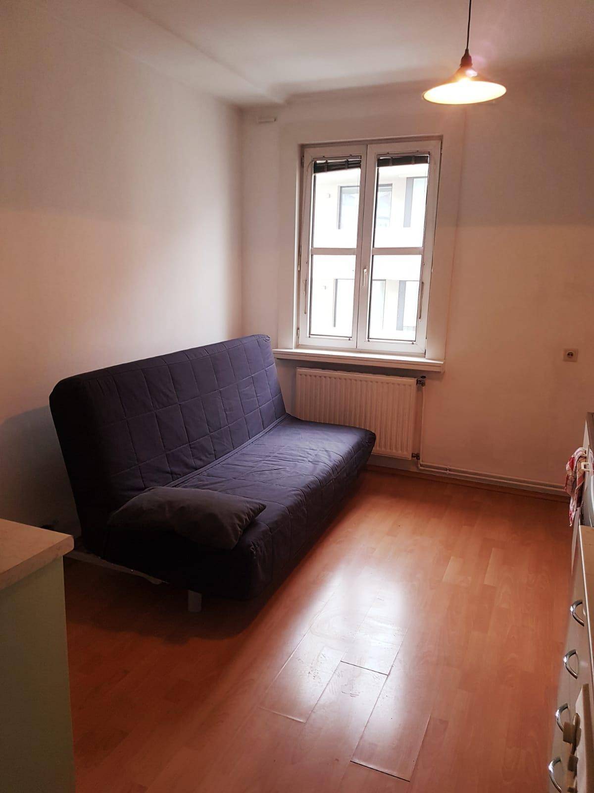 Helles Zimmer mit Schlafsofa, Laminatboden und großem Fenster.