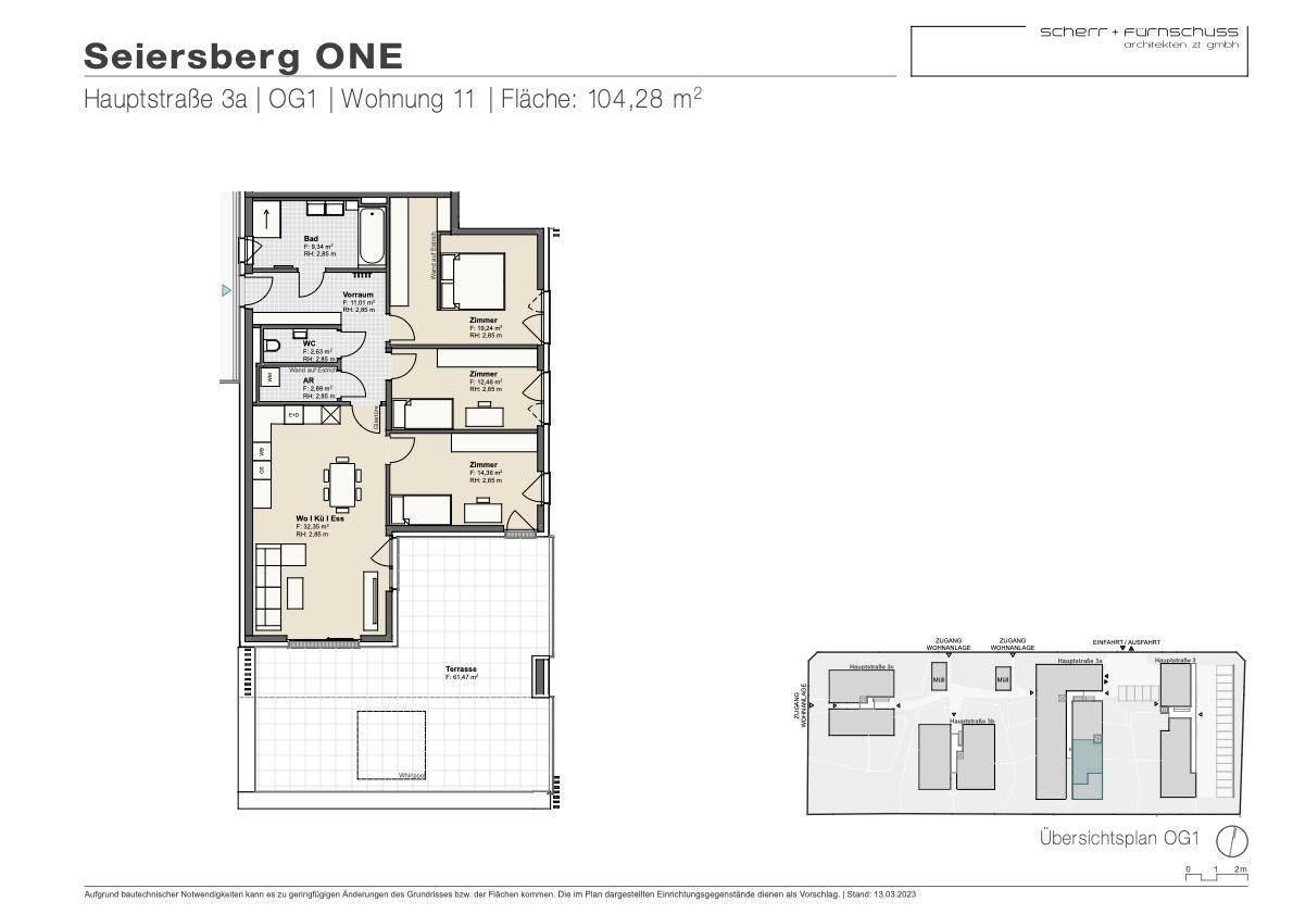 Grundriss der Wohnung 11 im ersten Obergeschoss mit offenem Wohnbereich, drei Zimmern und großer Terrasse.