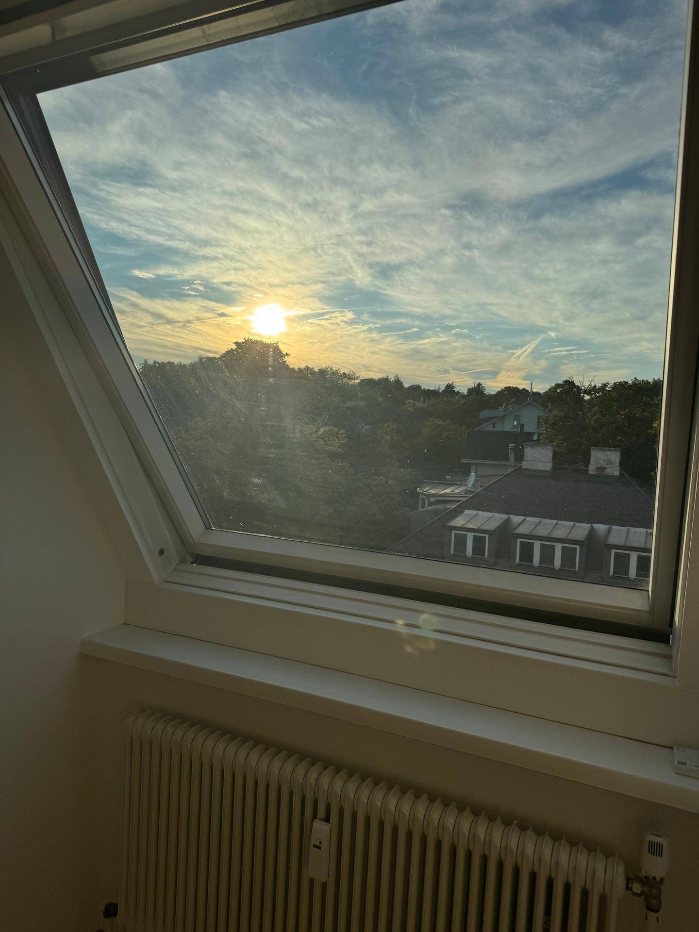 Sonnenuntergang über grünen Bäumen und Dächern, gesehen durch ein großes Dachfenster.