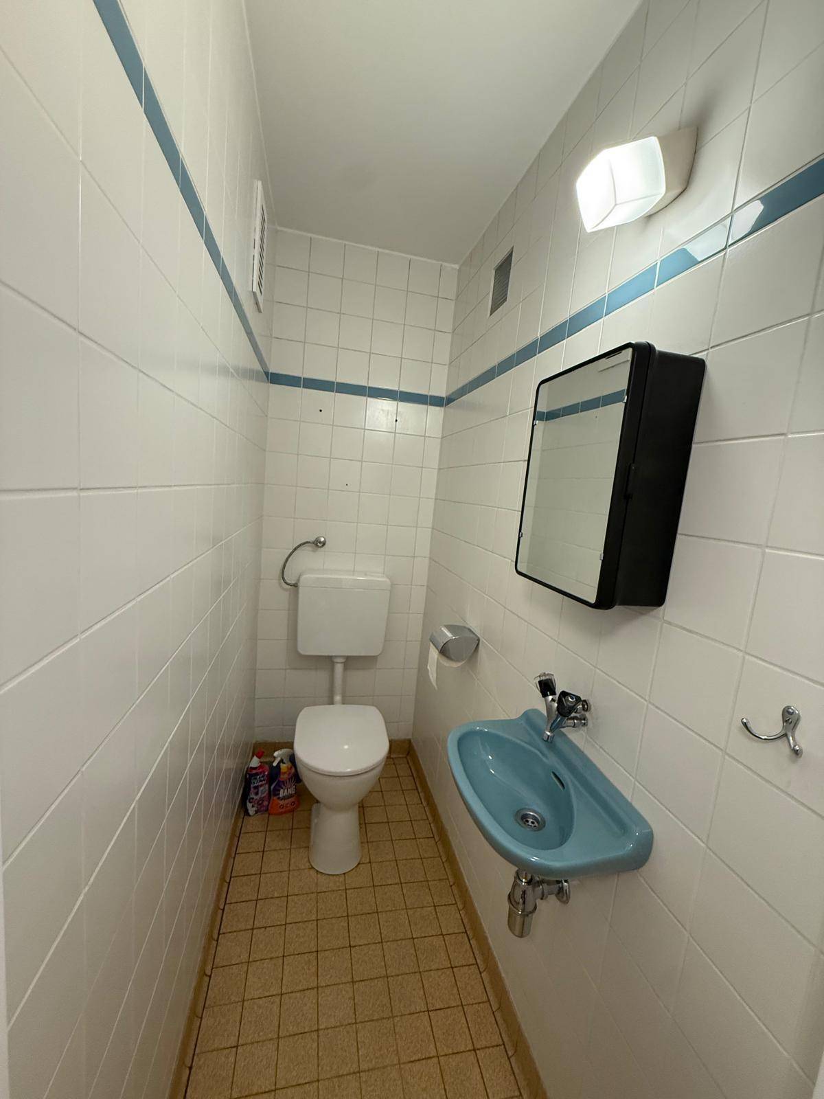 Kleines Gäste-WC mit weißen Fliesen, blauer Akzentlinie und einem praktischen Spiegelschrank.