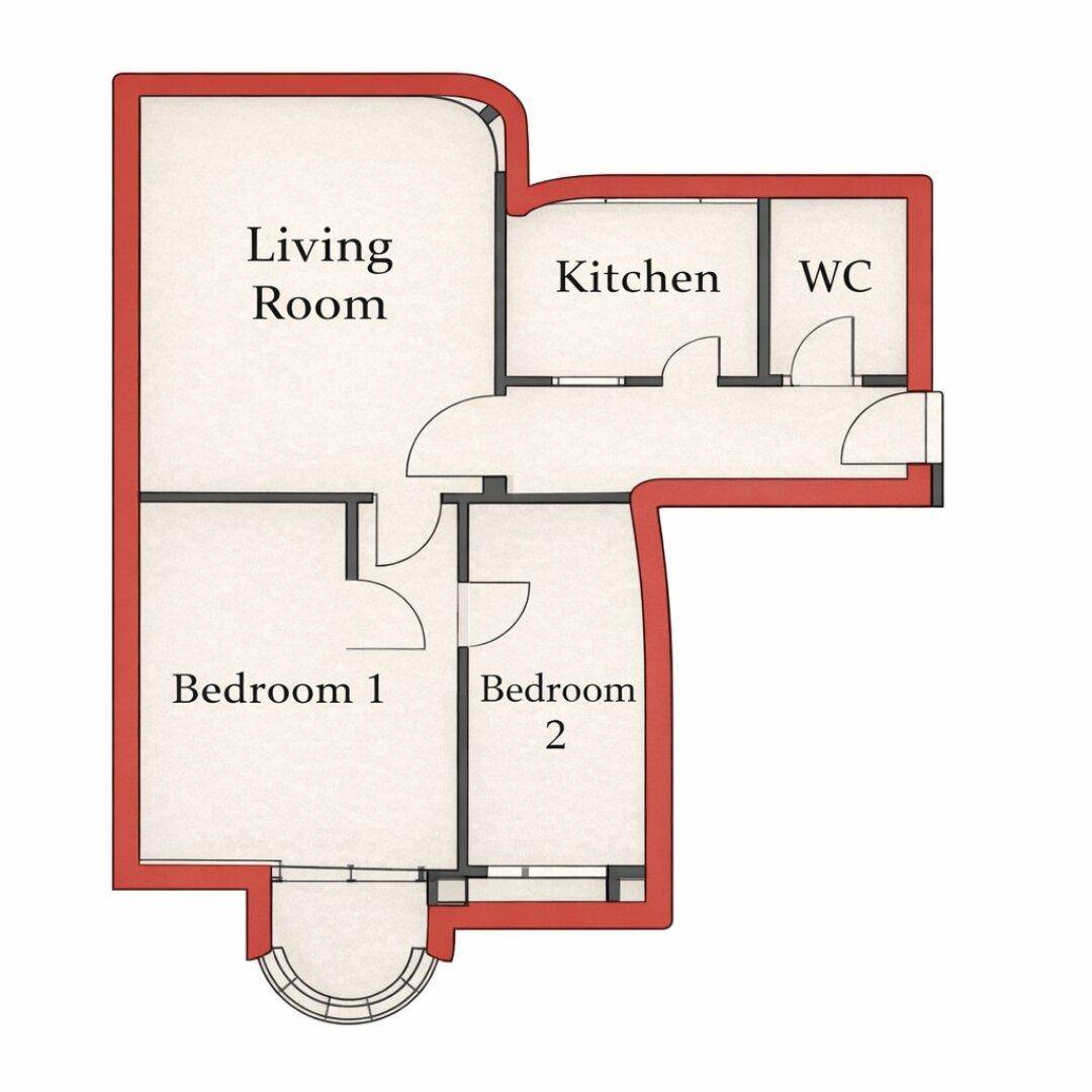 Grundriss der Wohnung mit Wohnzimmer, Küche, zwei Schlafzimmern und separatem WC.