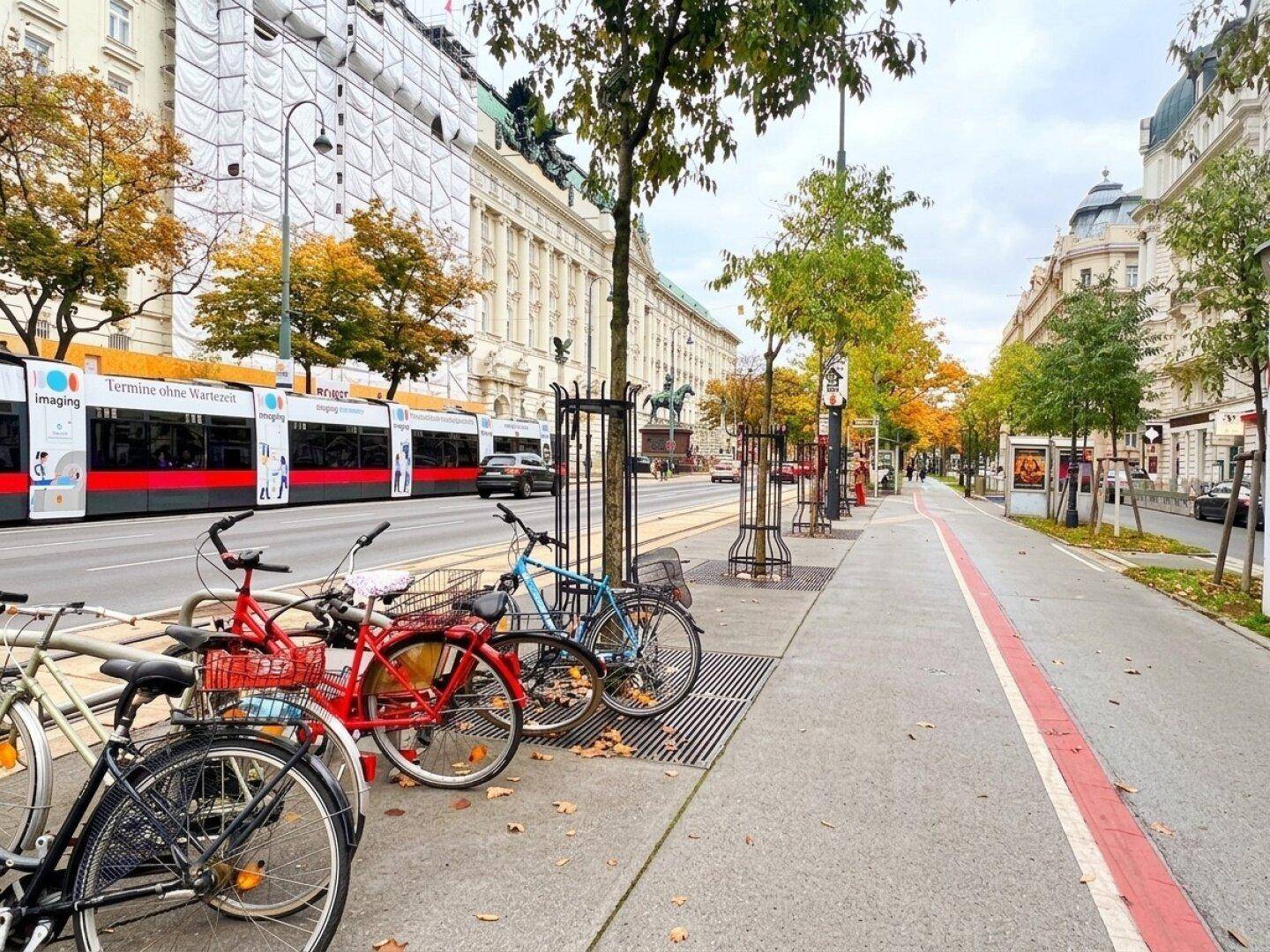 Stadtansicht mit geparkten Fahrrädern, einer Straßenbahn und Gebäuden im herbstlichen Ambiente.