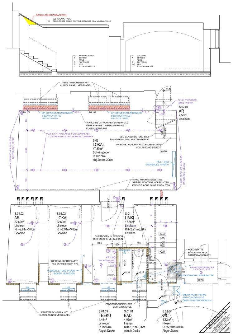 Detaillierter Architekturplan mit verschiedenen Schnitten, Maßen und textlichen Anmerkungen.