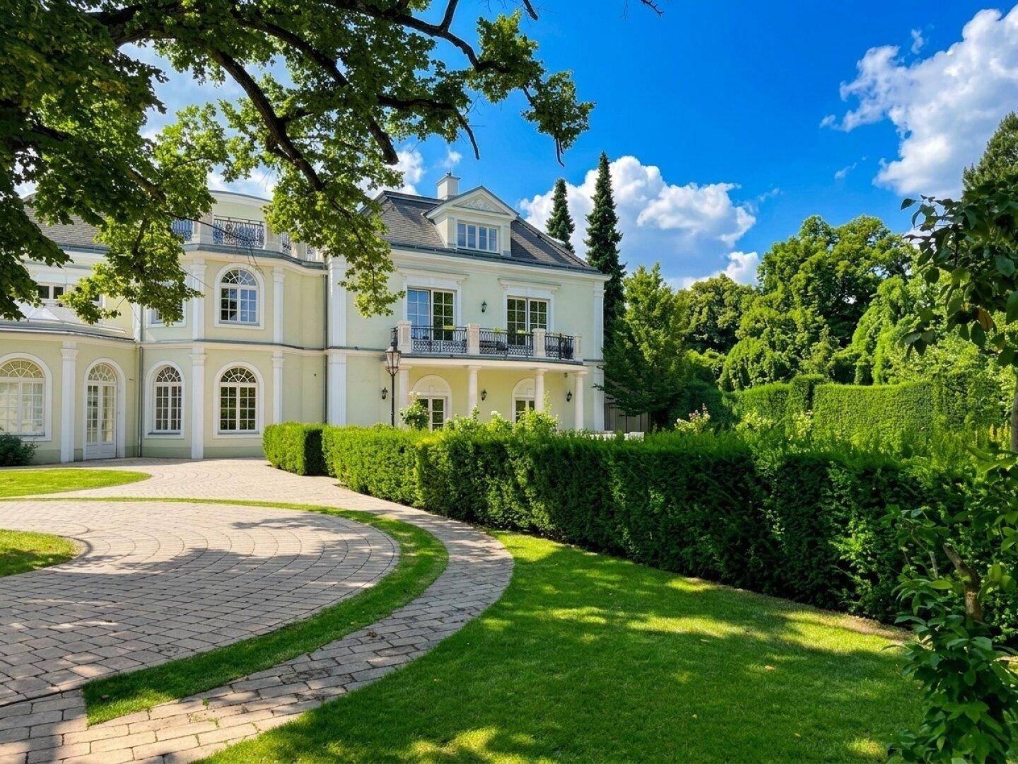 Elegante Stadtvilla mit weitläufigem Garten, gepflegtem Rasen und langer Auffahrt.