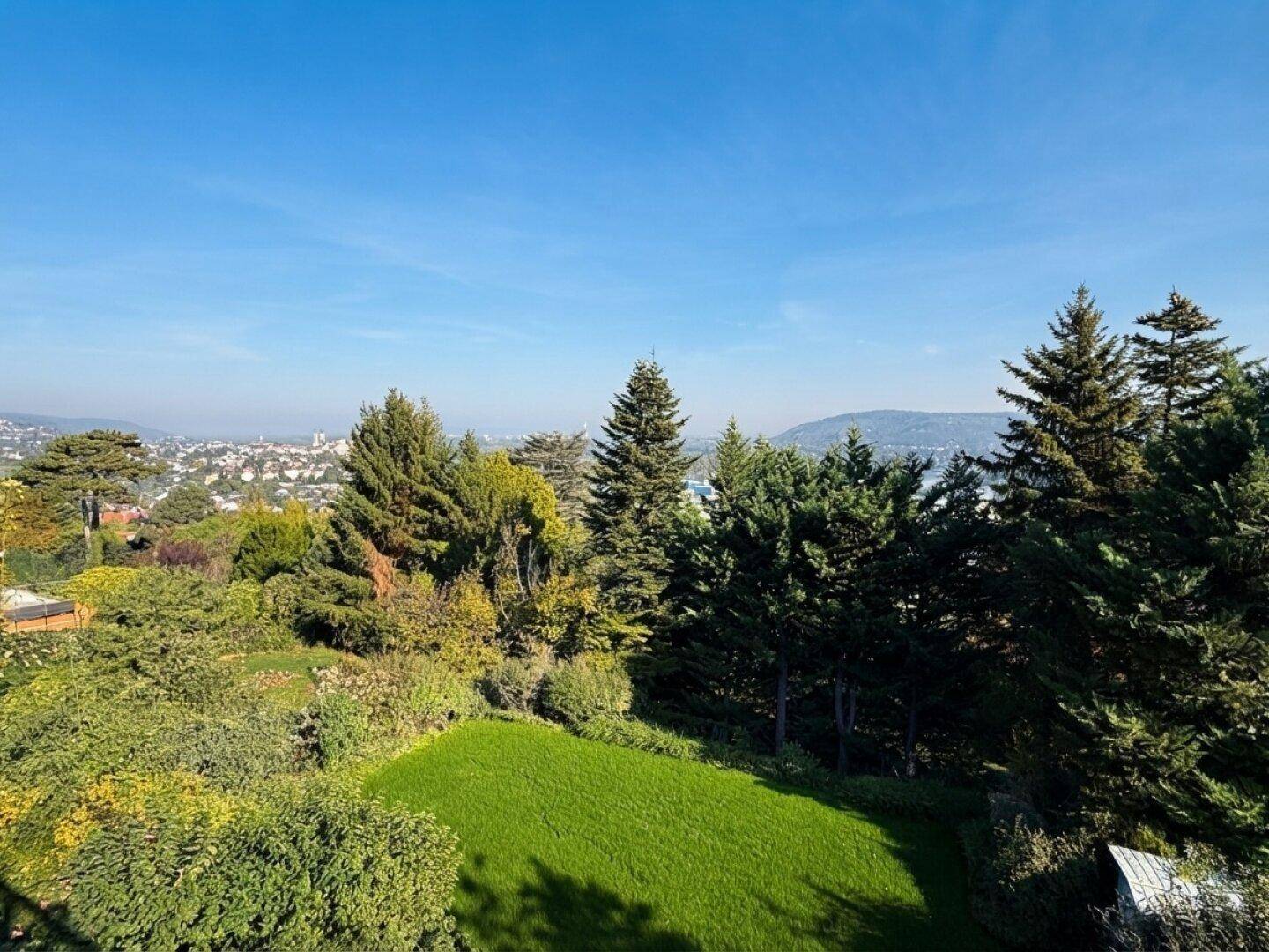 Gepflegter Garten mit Rasenfläche, hohen Bäumen und weitem Blick über die Stadt und Landschaft.