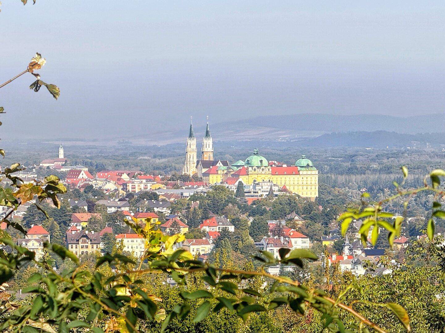 Panoramablick auf eine historische Stadt mit imposanter Kathedrale und umliegender Landschaft.
