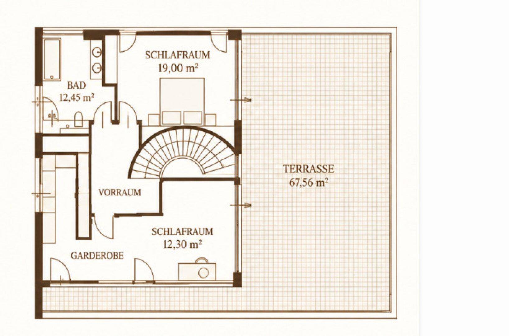 Grundriss des Obergeschosses mit zwei Schlafzimmern, Bad und großer Terrasse.