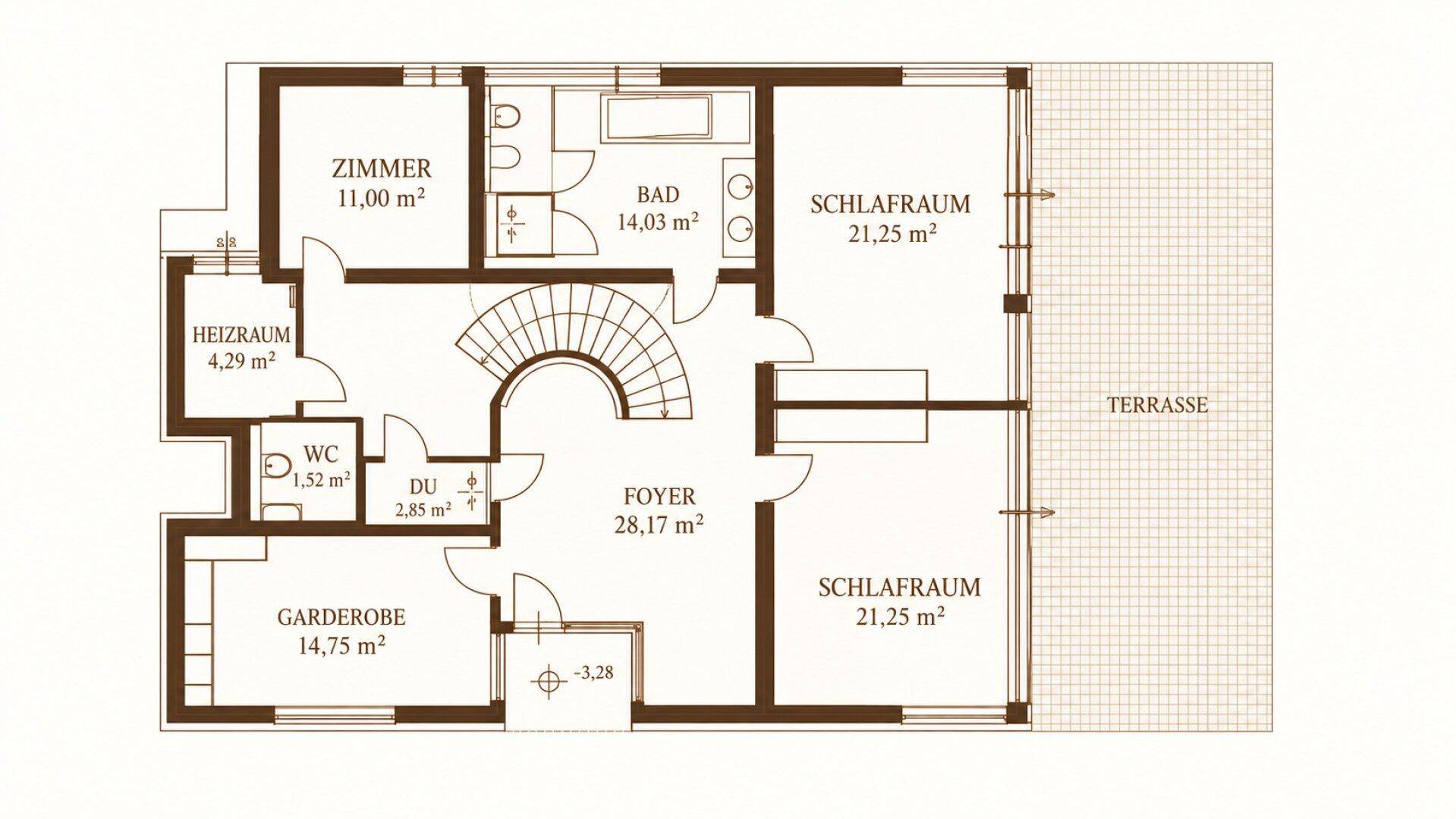 Grundriss des Untergeschosses mit zwei Schlafzimmern, Bad, WC und Heizraum.