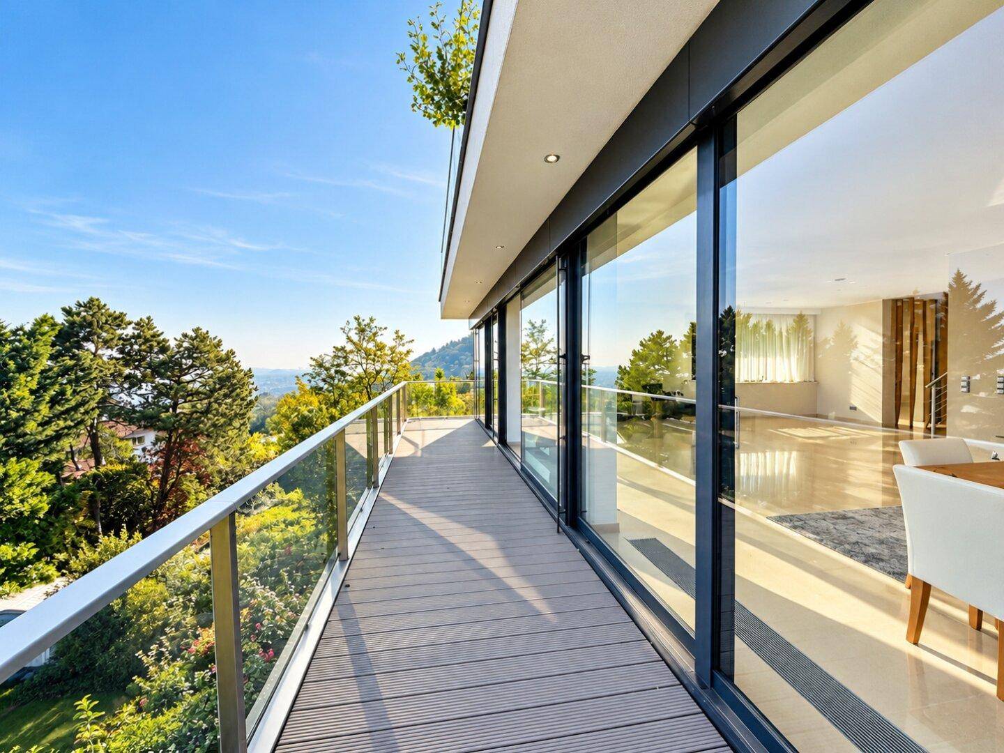 Langer Balkon mit Glasgeländer und Holzboden, der einen weiten Blick über die Landschaft bietet.