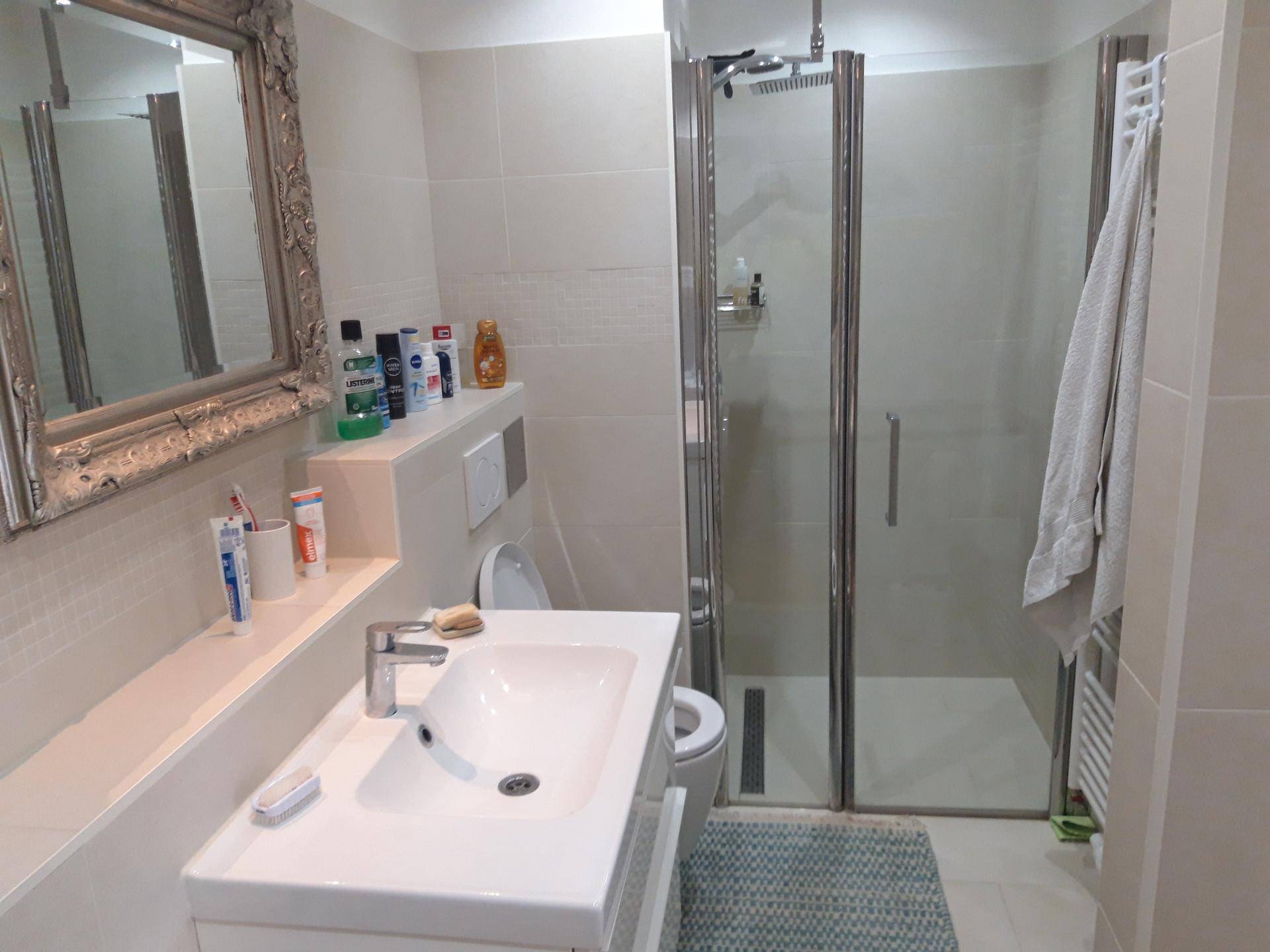 Modernes Badezimmer mit Dusche, Waschbecken, WC und beheiztem Handtuchhalter.