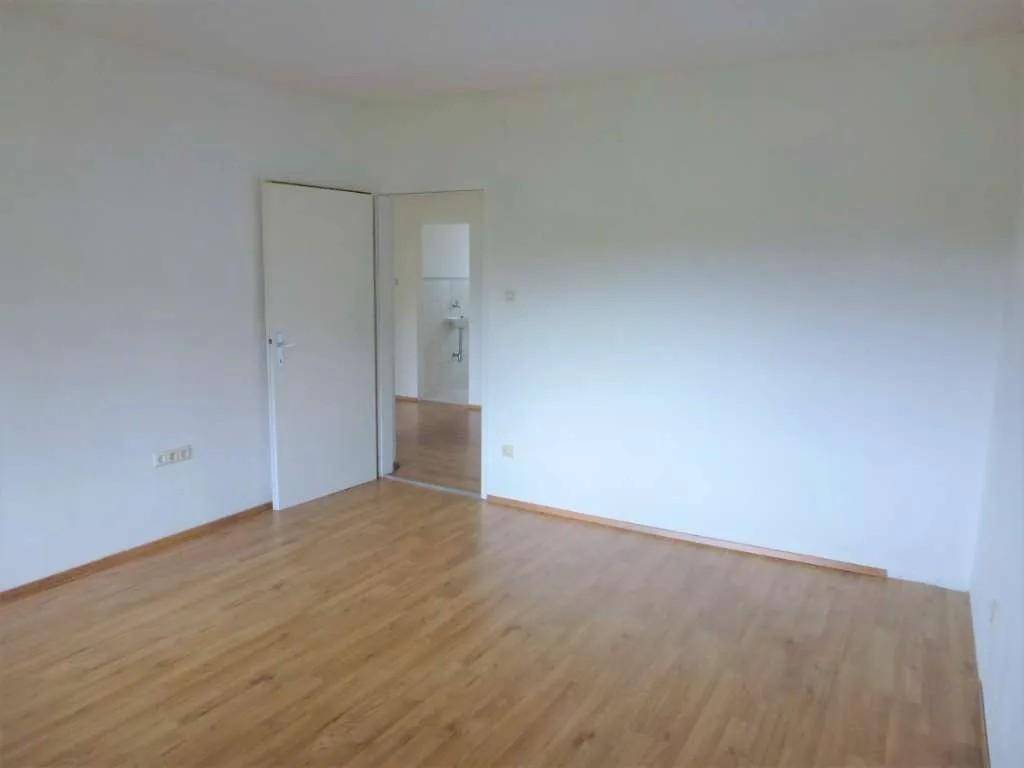 Helles Zimmer mit dunklerem Laminatboden und Tür zu einem angrenzenden Raum.