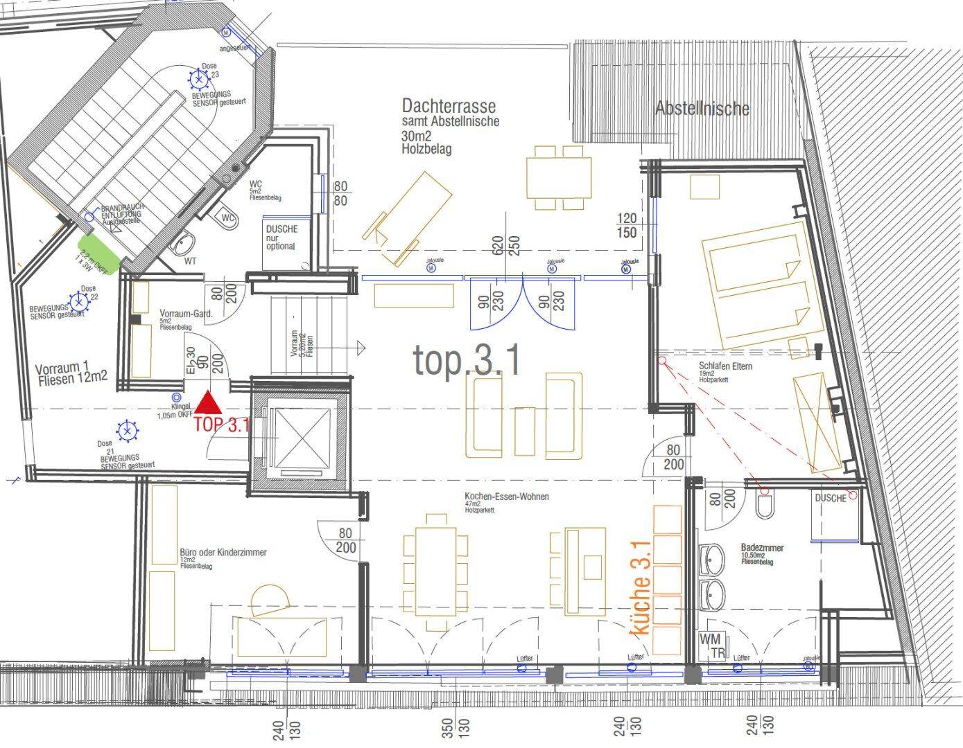 Grundriss der Wohnung Top 3.1 mit offener Wohnküche, zwei Schlafzimmern, zwei Bädern und großer Dachterrasse.