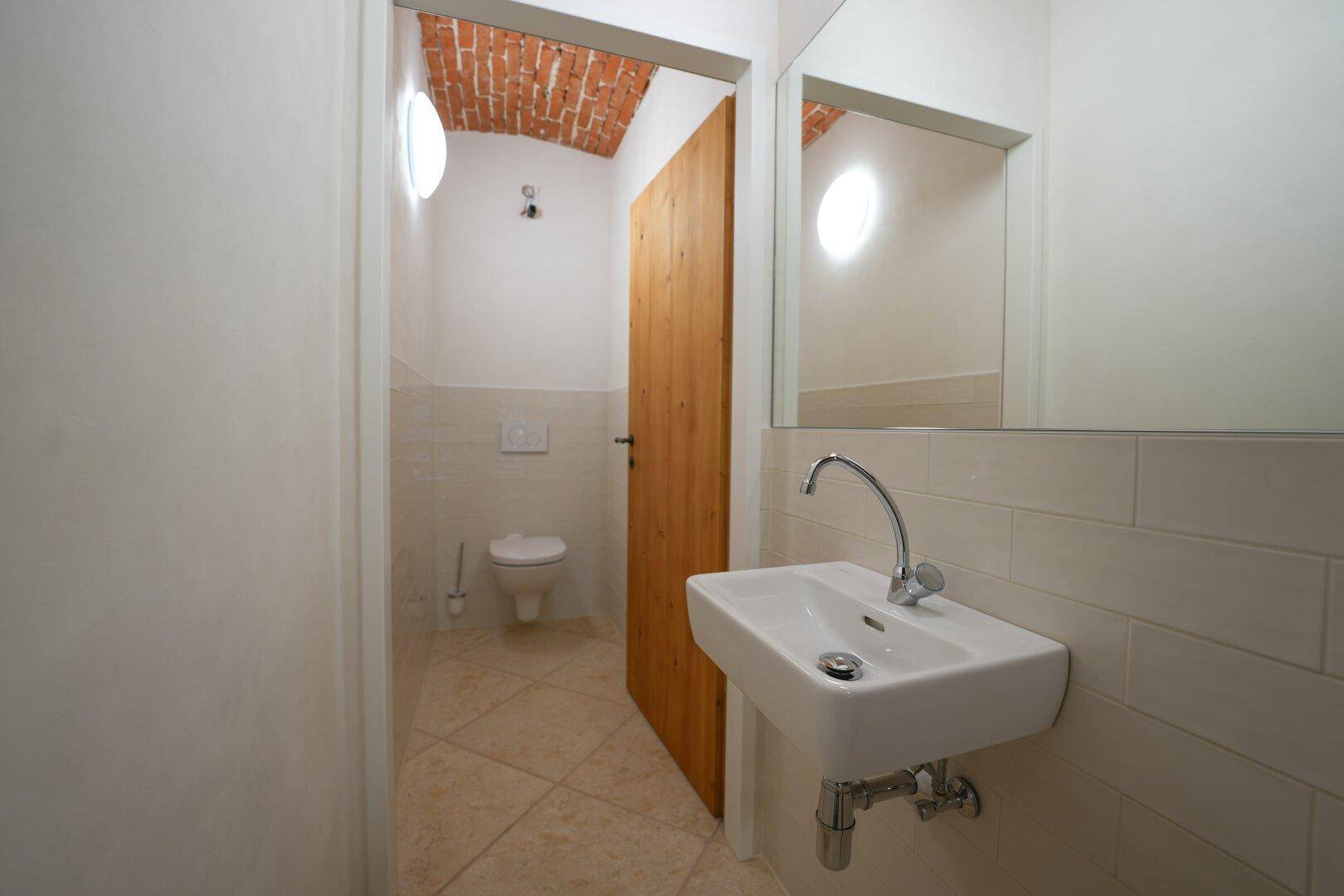 Modernes Gäste-WC mit wandhängendem Waschbecken, Spiegel und einer Toilette, sichtbar durch die Tür.