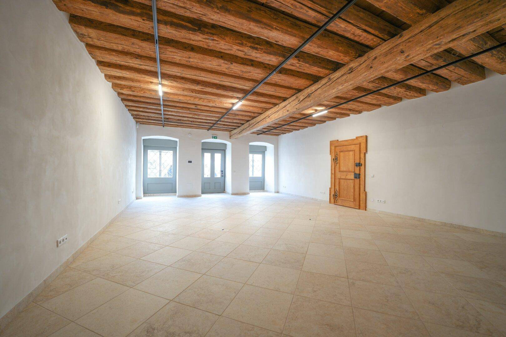 Großer, heller Raum mit sichtbaren Holzbalken, Fliesenboden und mehreren Fenstertüren sowie einer rustikalen Holztür.