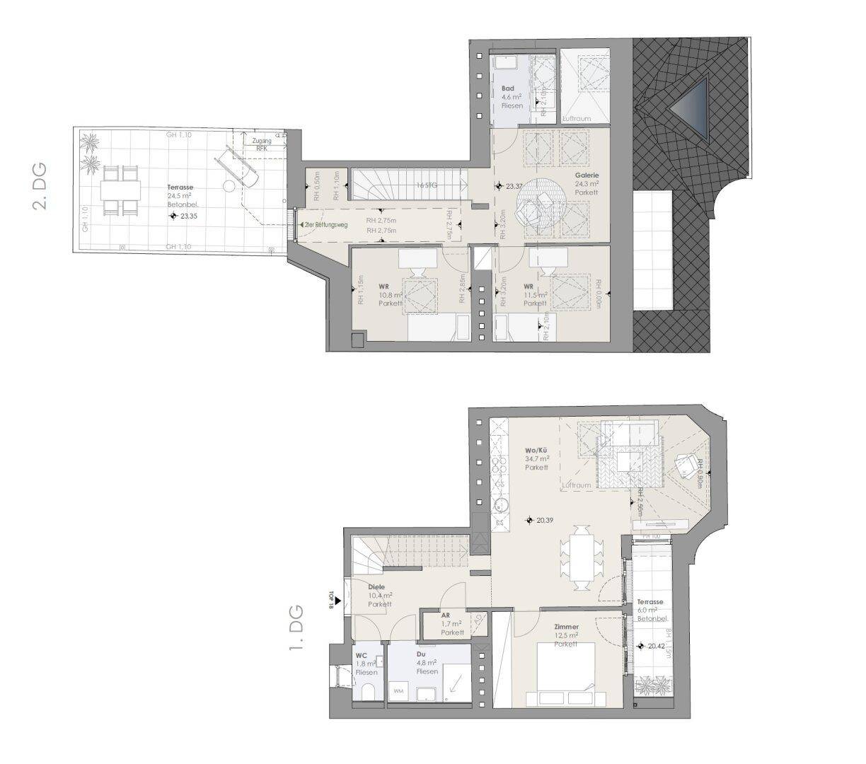 Grundriss der Dachgeschosswohnung auf zwei Ebenen mit Terrassen und Balkon.