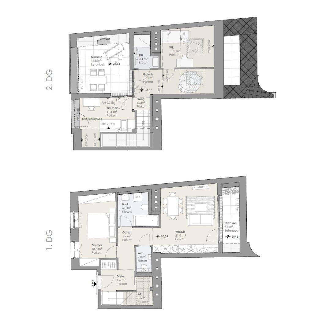 Detaillierter Grundrissplan der 1. und 2. Dachgeschossebene mit Terrassen und Zimmeraufteilung.