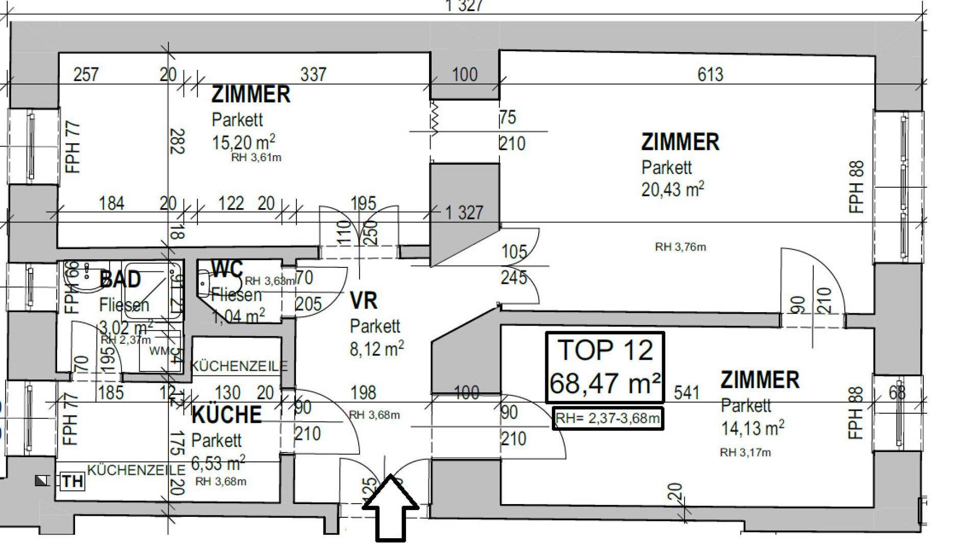 Grundriss der Wohnung "TOP 12" mit drei Zimmern, Bad, WC und Küche.