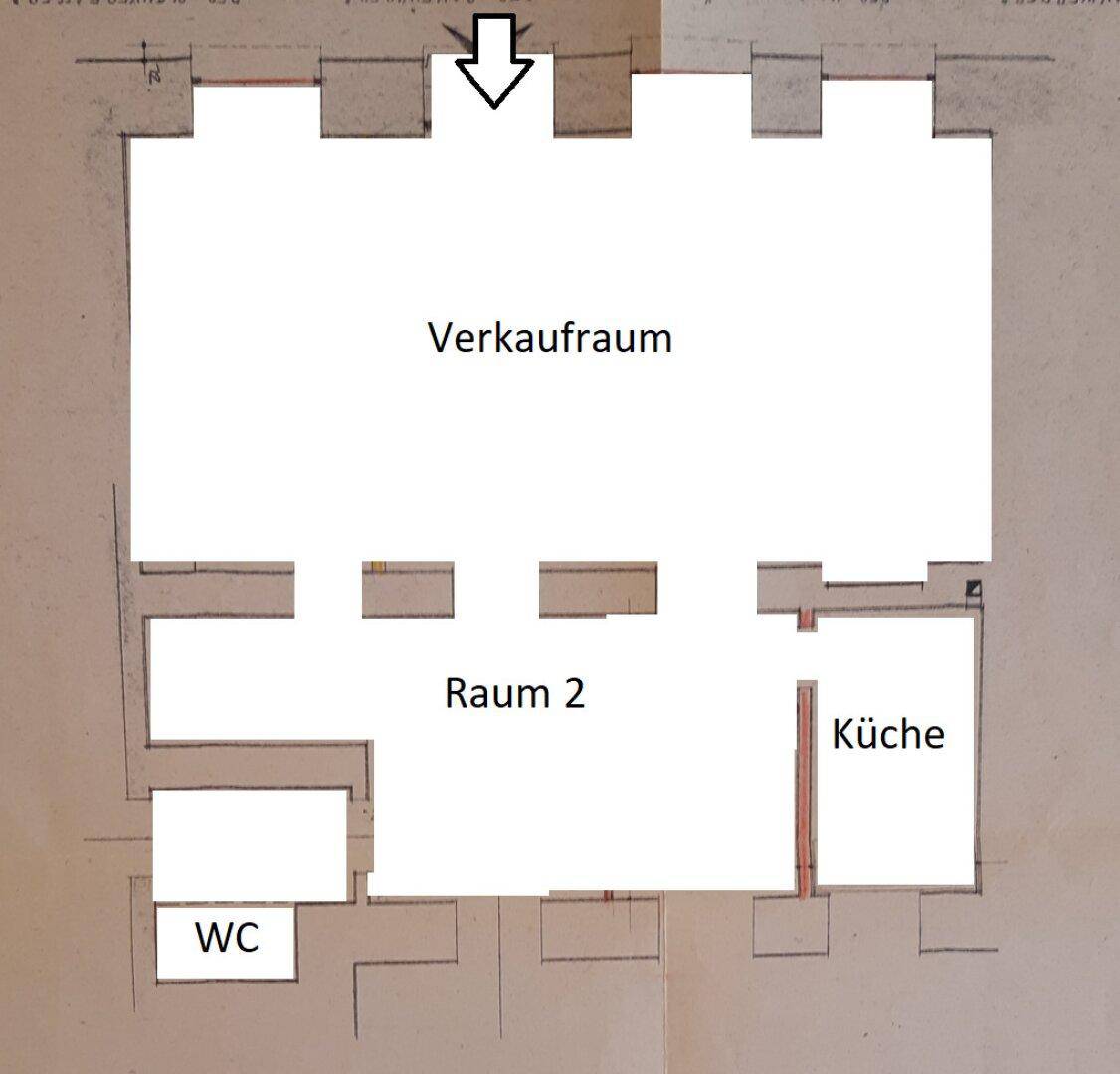 Grundriss eines Ladenlokals mit Verkaufsraum, Nebenräumen, Küche und WC.
