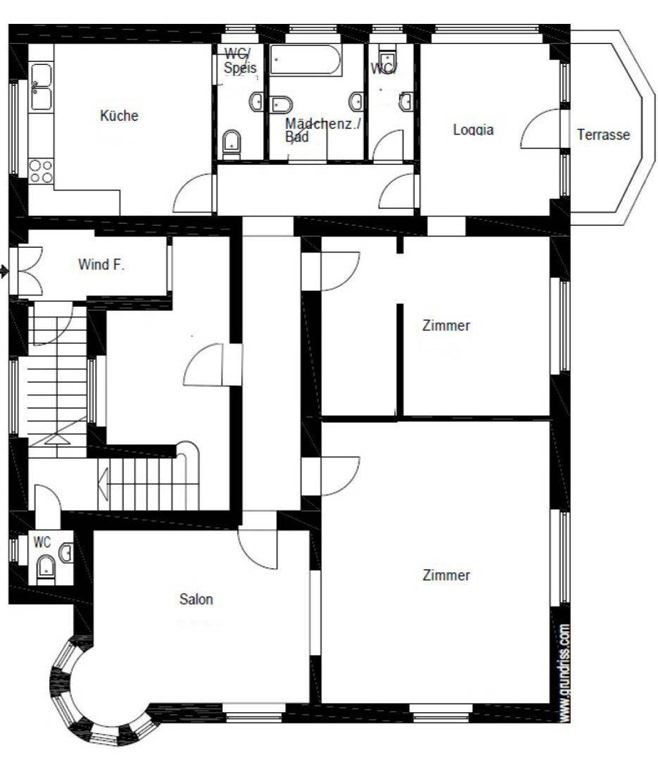 Grundriss des Erdgeschosses mit Küche, Salon, Zimmern, Loggia und Terrasse.