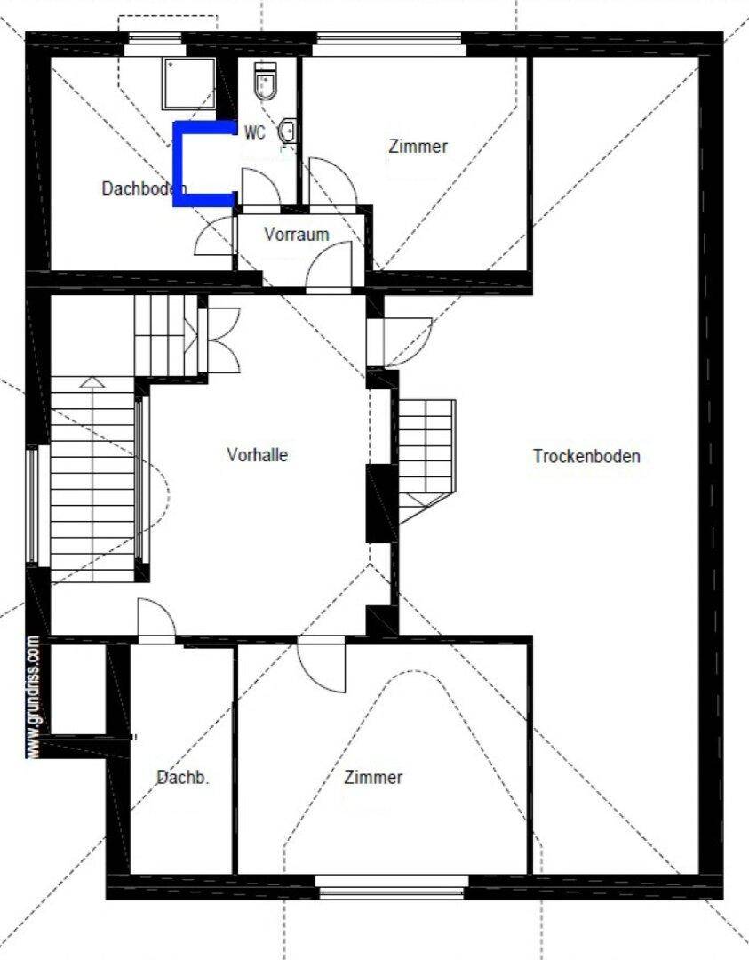 Grundriss des Dachgeschosses mit Zimmern, Vorraum und Trockenboden.