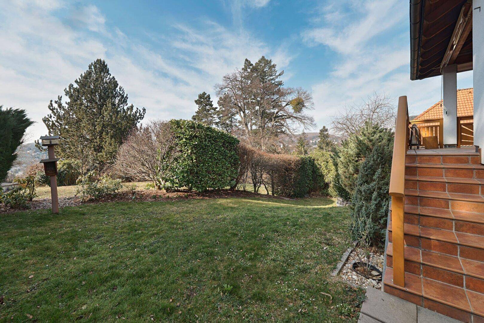 Gepflegter Garten mit Rasenfläche, Sträuchern und einer Treppe, die zum Haus führt.