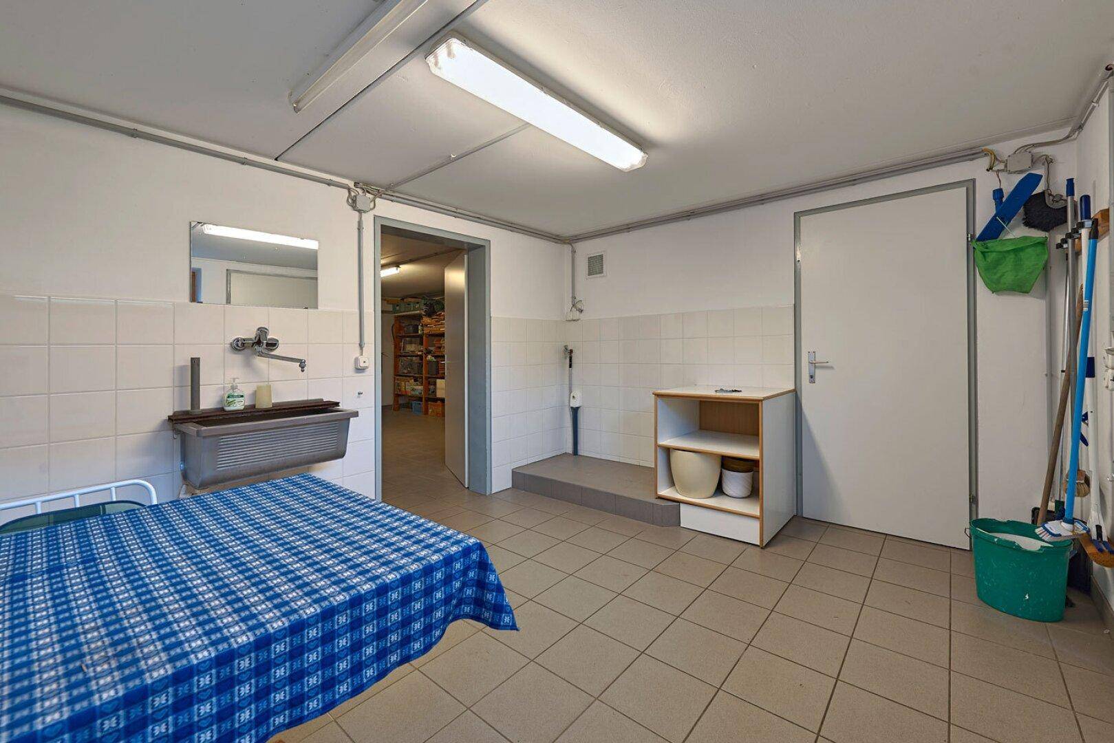 Funktionaler Hauswirtschaftsraum im Keller mit Waschbecken, gefliesten Wänden und Stauraum.