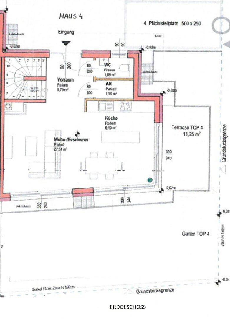Grundriss des Erdgeschosses mit offener Küche, Wohn-Esszimmer, Terrasse und Gartenbereich.