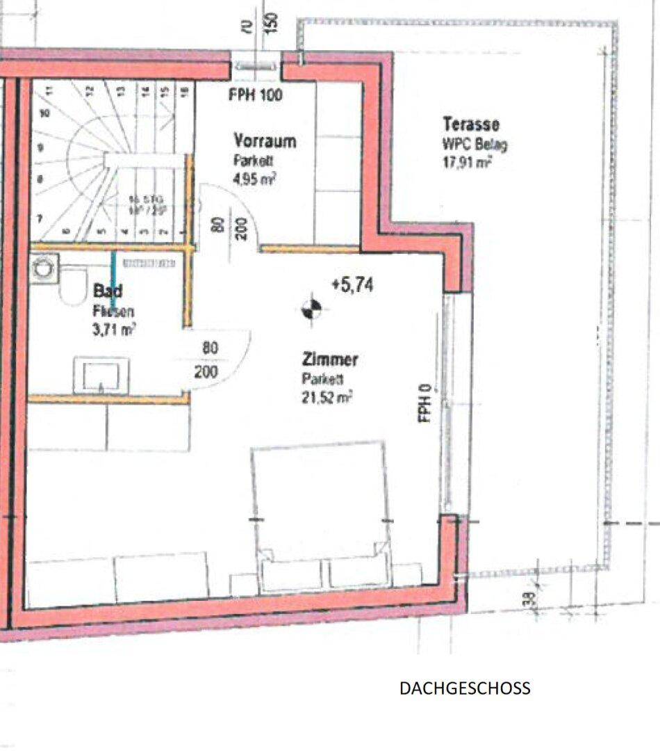 Grundriss des Dachgeschosses mit einem Zimmer, Bad, Vorraum und einer großzügigen Terrasse.