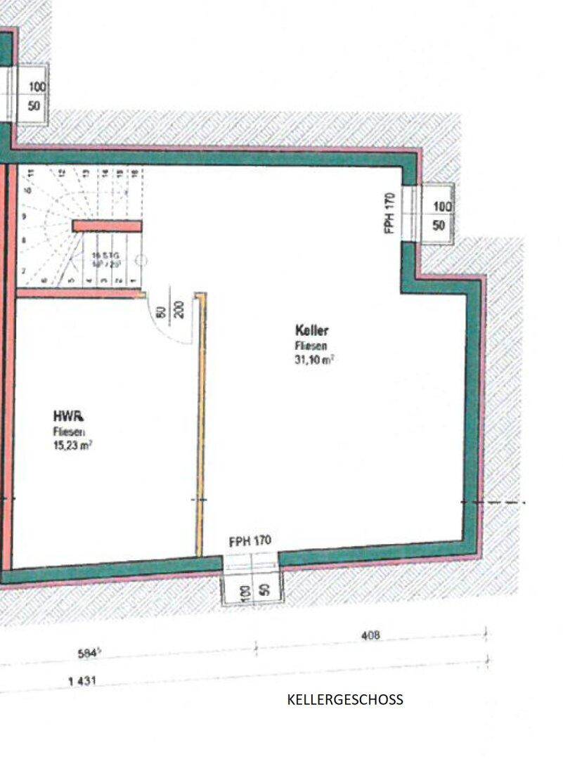 Grundriss des Kellergeschosses mit großem Kellerraum und Hauswirtschaftsraum.