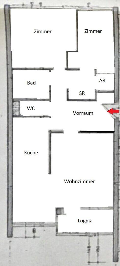 Grundrissplan der Wohnung mit Zimmern, Bad, WC, Küche, Wohnzimmer und Loggia.