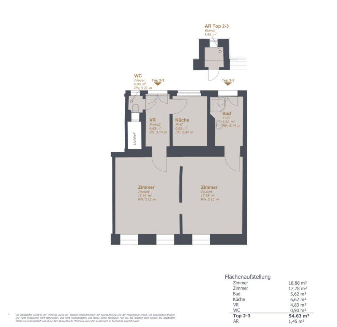Grundriss der Wohnung mit Zimmern, Bad, Küche und WC, Gesamtfläche 54,63 m².