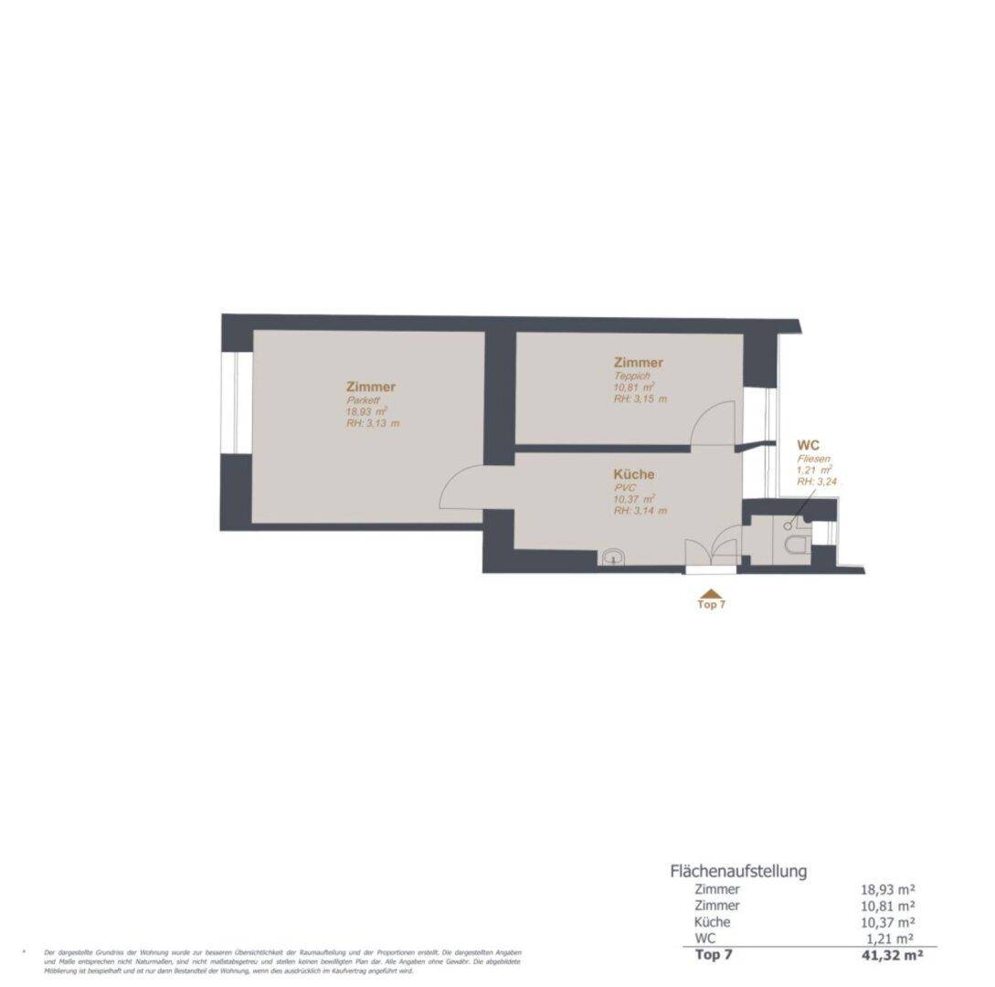 Grundriss der Wohnung Top 7 mit drei Zimmern, Küche und separatem WC auf 41,32 m².