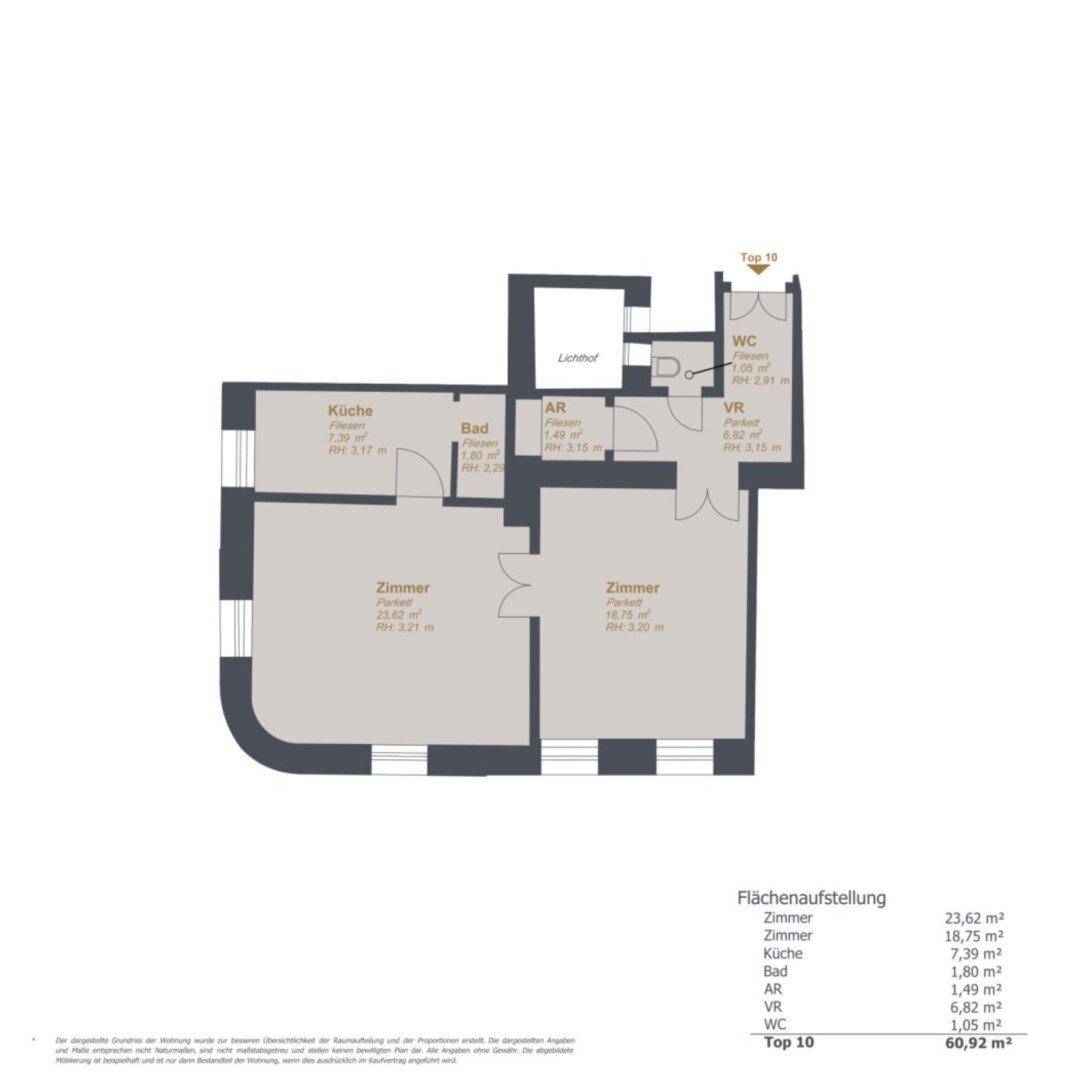 Grundriss der Wohnung mit Zimmern, Küche, Bad und WC, inklusive Flächenaufstellung.