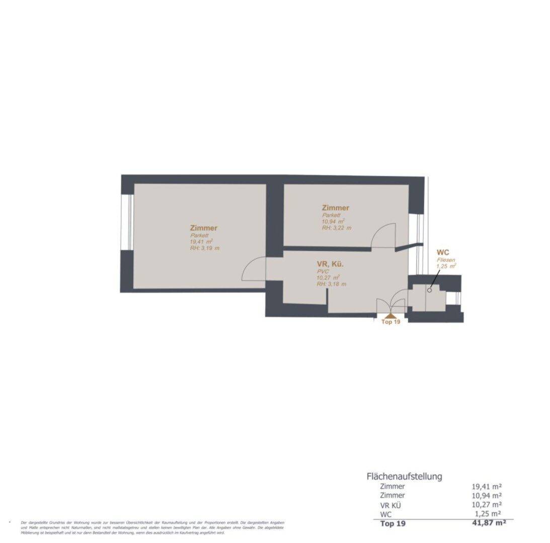 Grundriss der Wohnung mit zwei Zimmern, Vorraum, Küche und separatem WC.