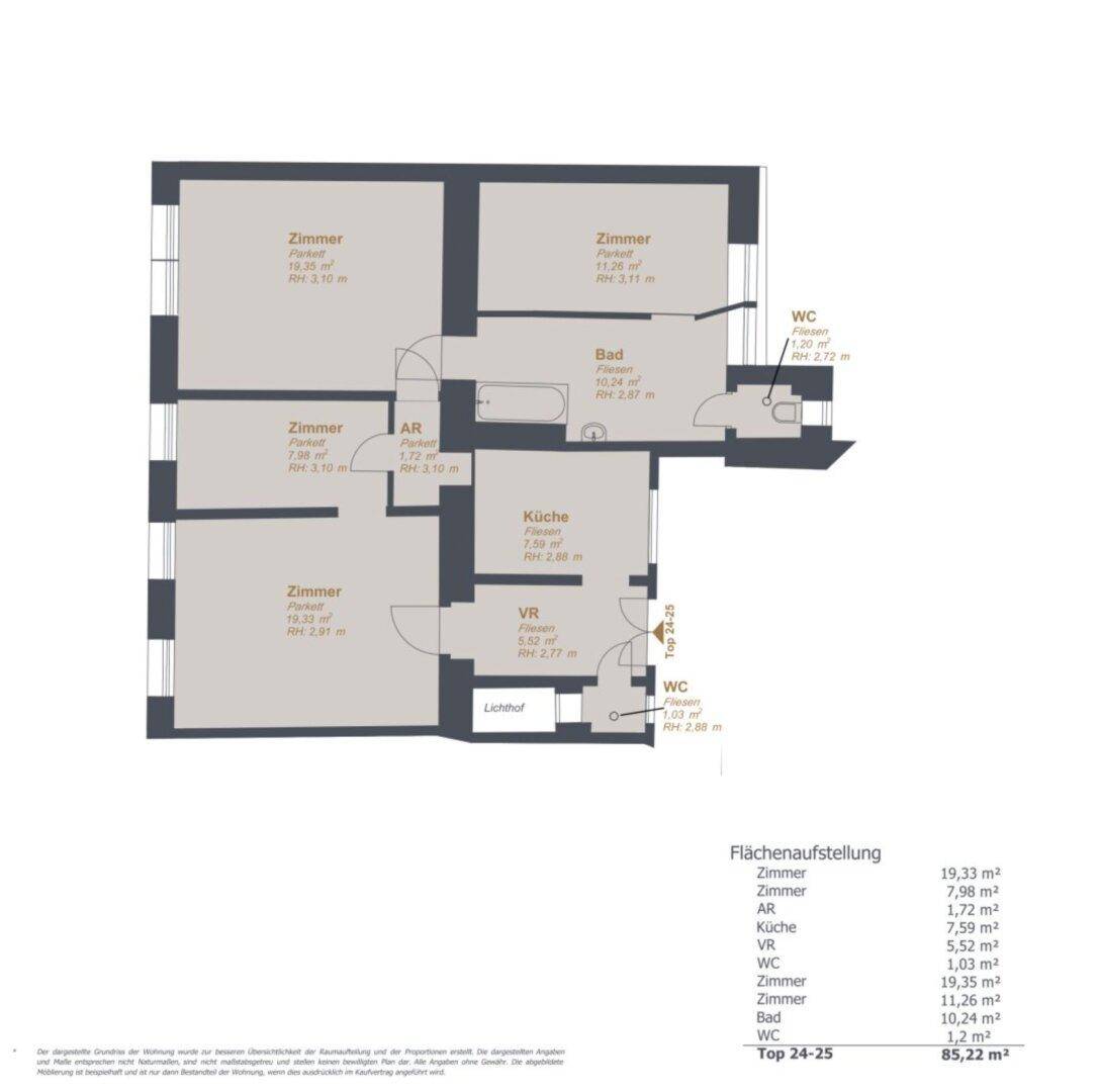 Grundriss der Wohnung mit mehreren Zimmern, Bad und zwei WCs auf 85,22 m².