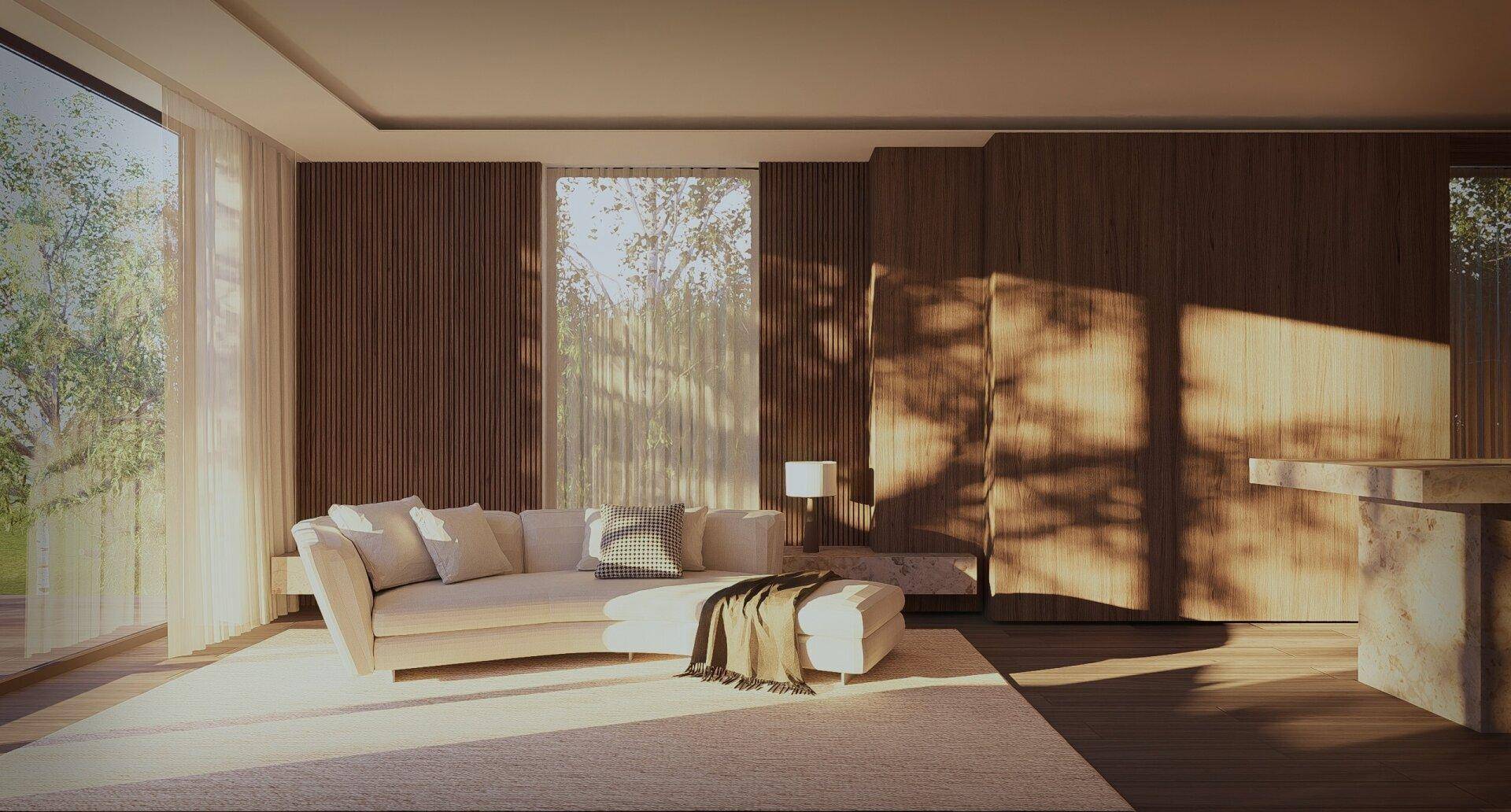 Helles Wohnzimmer mit bequemer Couch, Holzwänden und viel natürlichem Licht durch große Fenster.