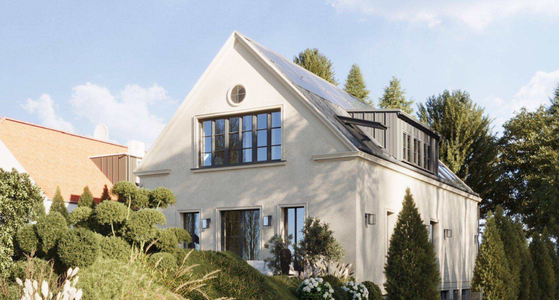 Elegantes Haus mit Satteldach, großen Fenstern und gepflegter Gartenanlage.