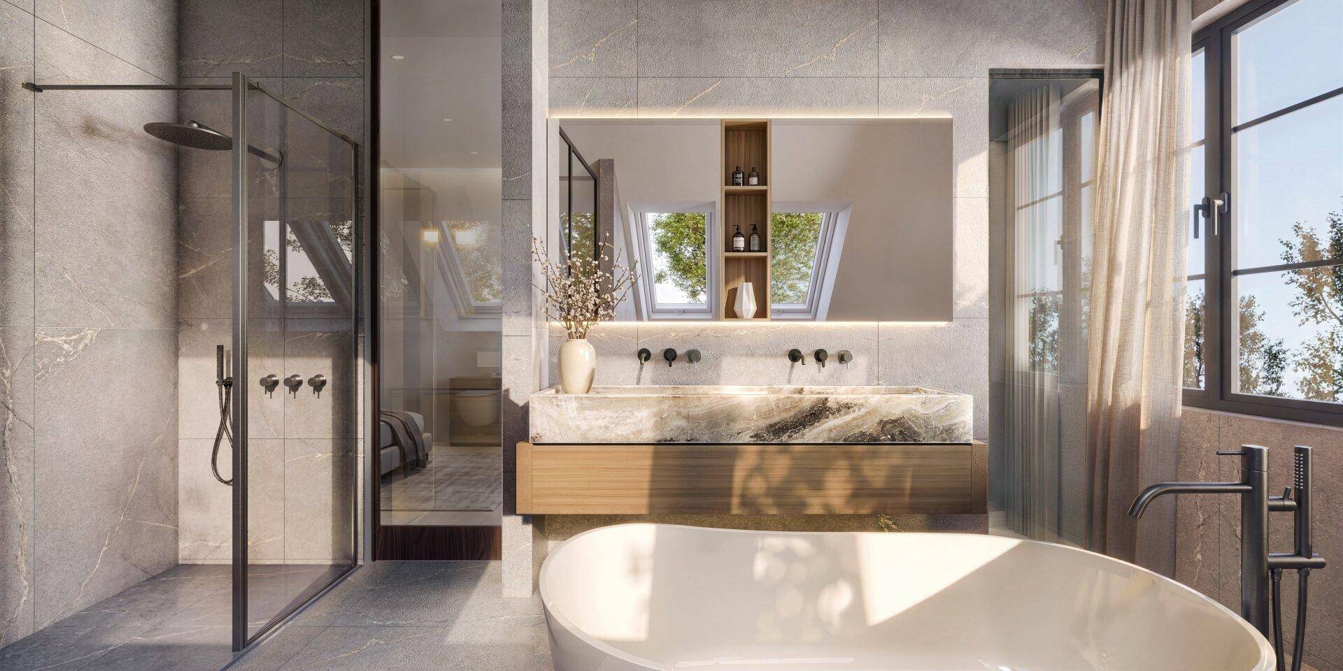 Luxuriöses Badezimmer mit freistehender Badewanne, großer Dusche und Doppelwaschbecken.
