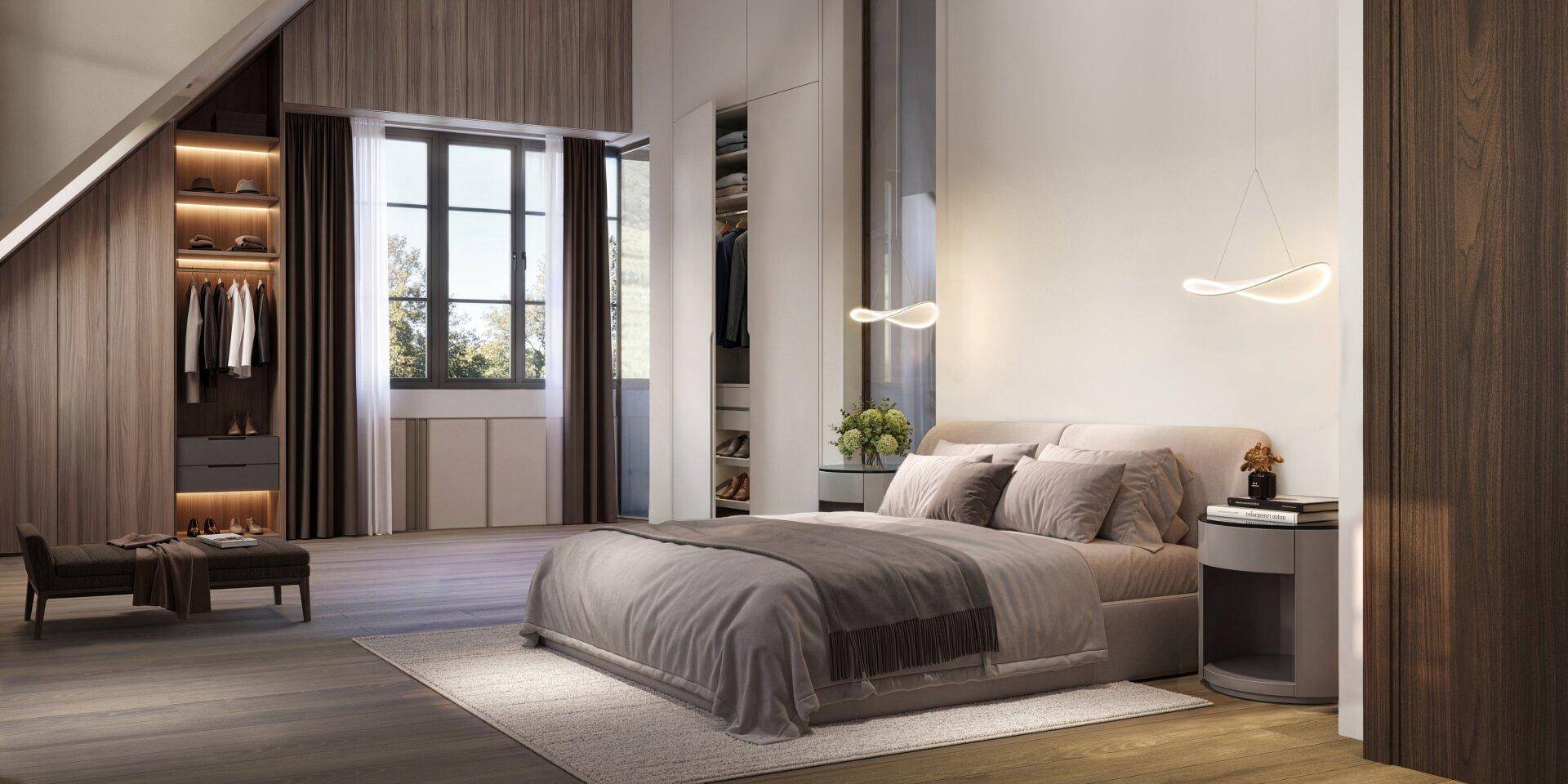 Geräumiges Schlafzimmer mit Dachschräge, Einbauschränken und großem Fenster mit Ausblick.