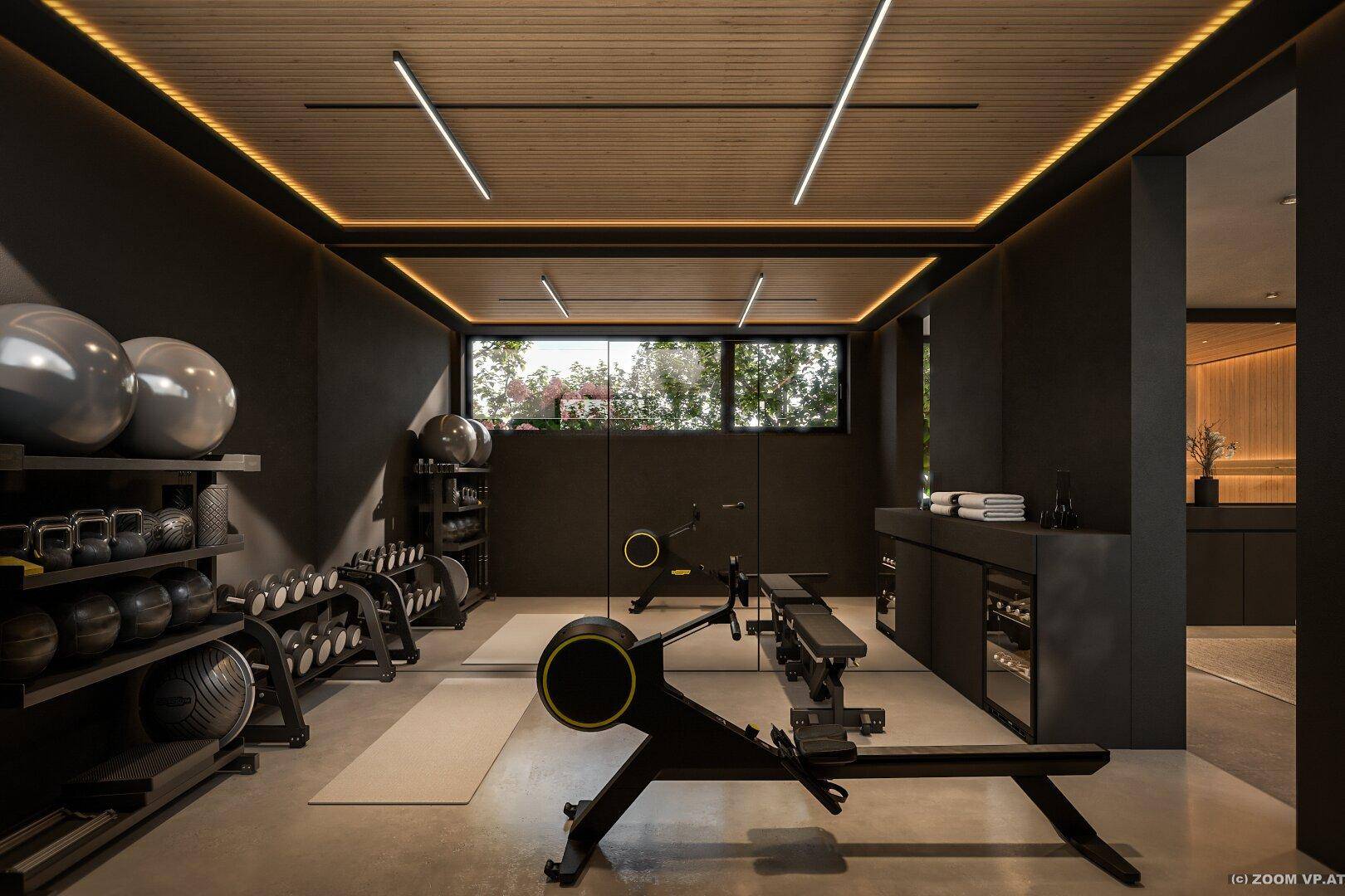 Gut ausgestattetes Fitnessstudio mit Rudergerät, Hanteln und Blick ins Grüne.