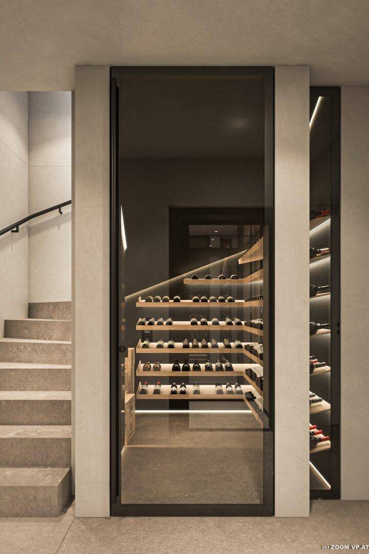 Exklusiver Weinkeller mit beleuchteten Regalen und moderner Treppe, ideal für Weinliebhaber.