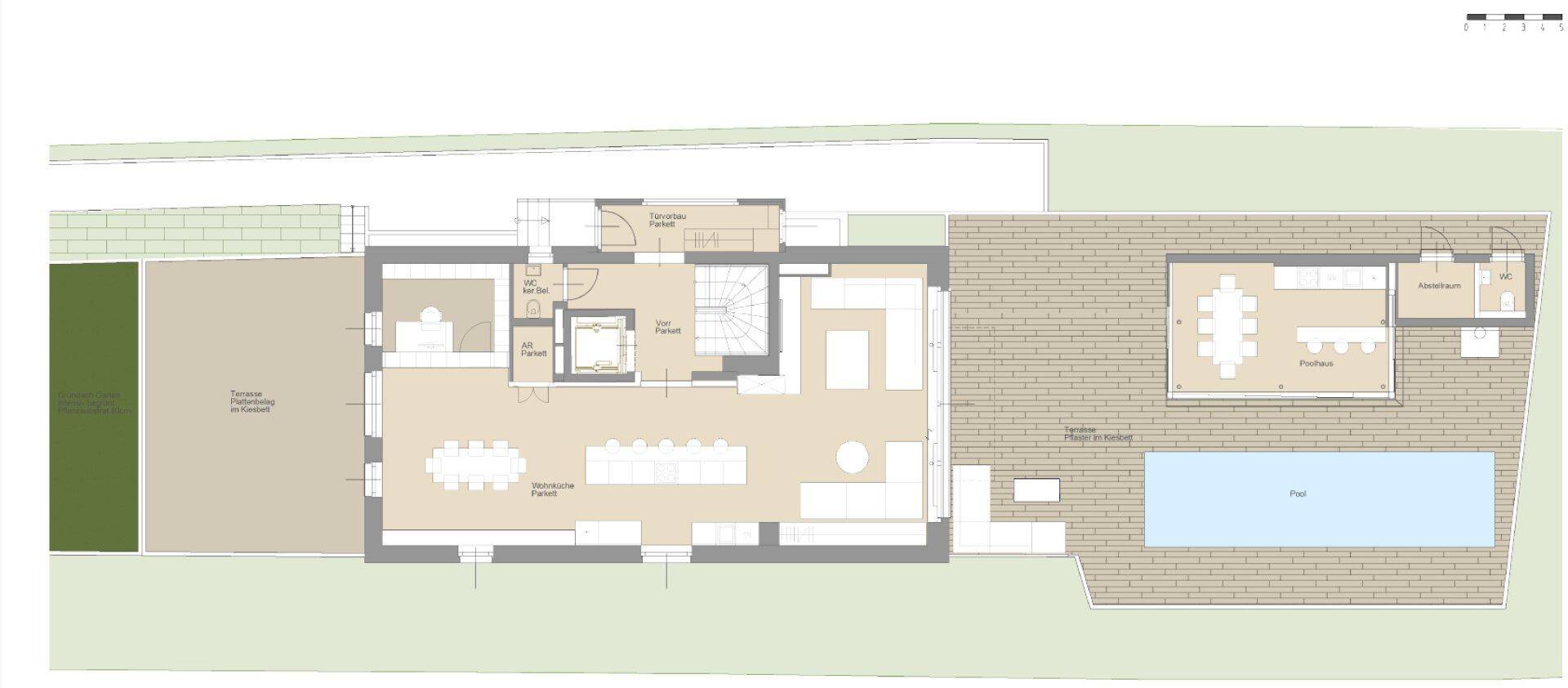 Grundriss des Erdgeschosses mit offenem Wohnbereich, Küche, Pool und Garten.