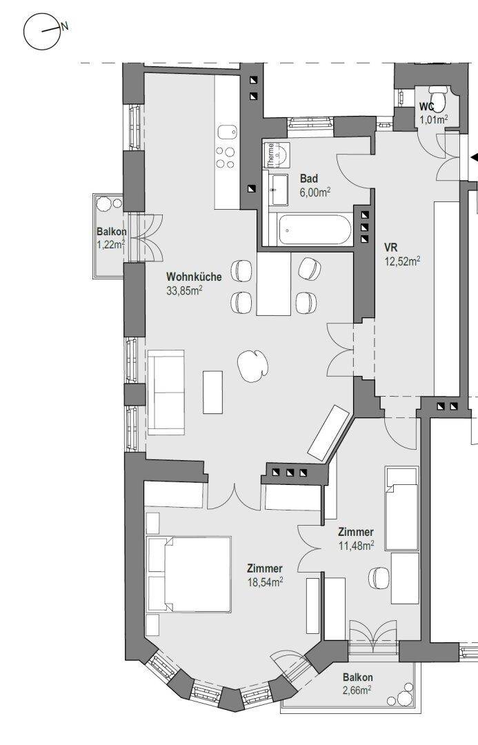 Grundriss der Wohnung mit Wohnküche, zwei Zimmern, Bad und zwei Balkonen.