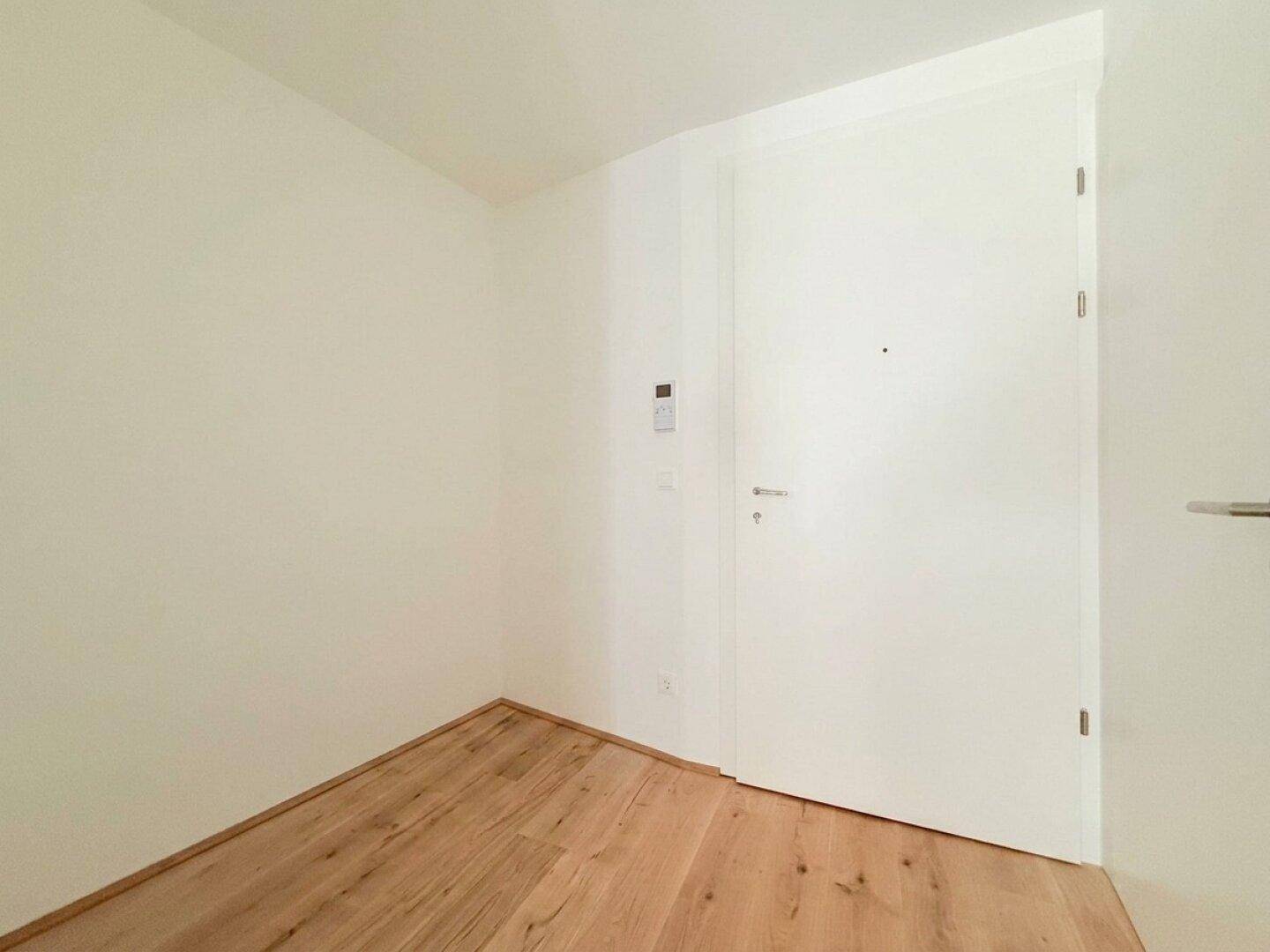 Heller Eingangsbereich mit Holzboden und einer modernen weißen Tür, die zum Wohnbereich führt.