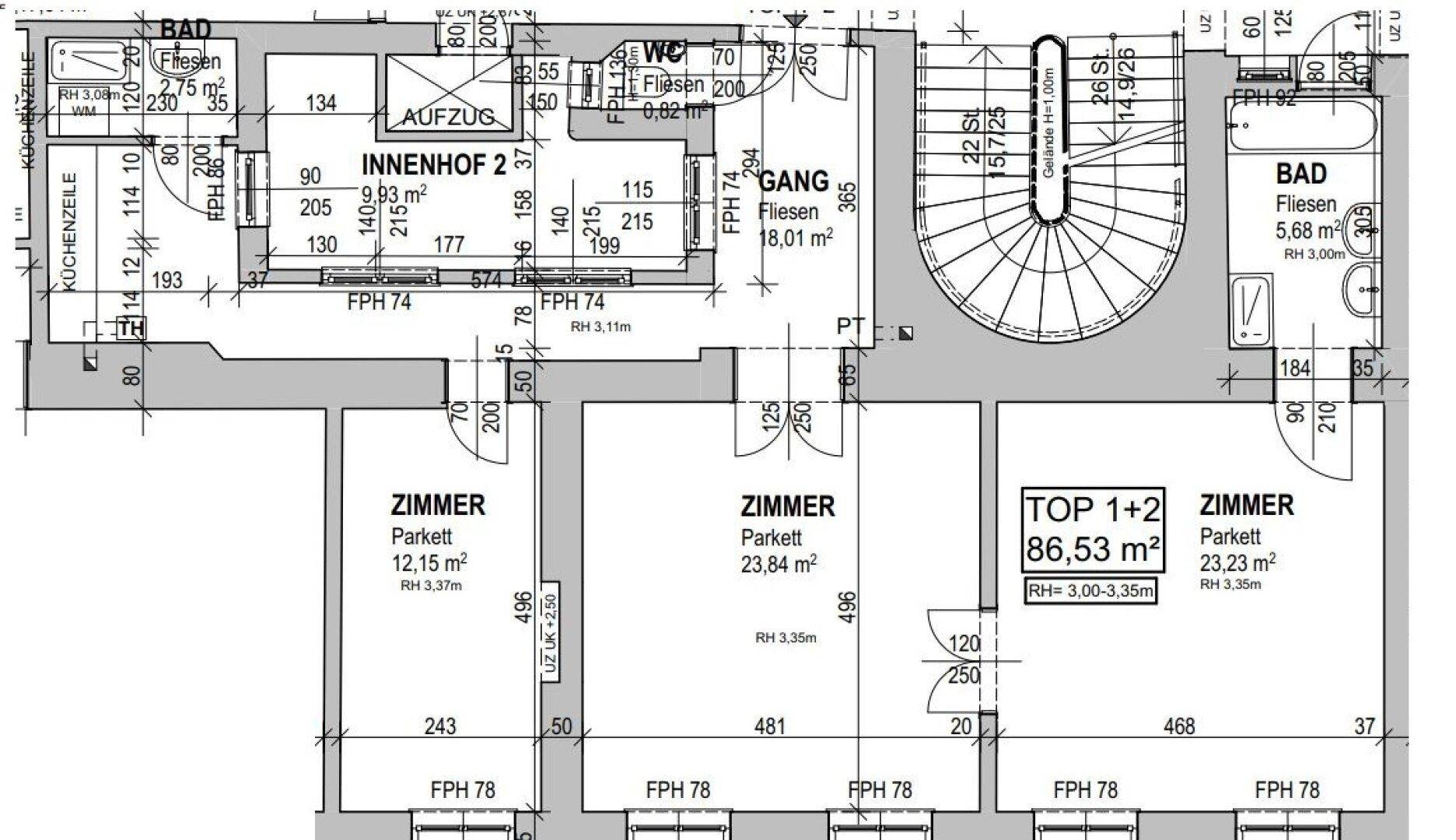 Grundrissplan zeigt die Aufteilung der Zimmer, Bäder und des Ganges mit Flächenangaben.